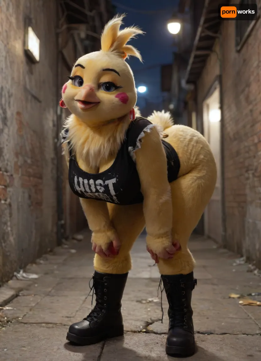 (((a furry female chicken posing in a dark alley at night))), bending over, big round booty, huge tits, yellow feathers, heavy makeup, hourglass figure, wearing torn shirt, black combat boots, fishnets, pink miniskirt, 8k, masterpiece, insanely detailed, weepinbell, fursuit, 80s, punk, clothing, bmbplora, <lora:FursuitXL:1>, <lora:80s_punk_clothing:.8>, <lora:bimboxl_02:.7>