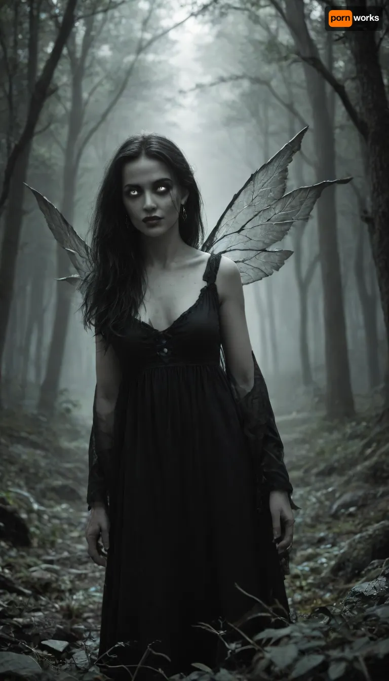 A dark pagan fairy emerging from the shadows of an ancient forest, eerie and menacing, with twisted wings like broken glass, pale glowing eyes, and a sinister smile. Her presence feels unsettling, surrounded by mist, decayed trees, and faint occult symbols carved into the bark. The atmosphere is haunting, gothic, and filled with a sense of dread, as if she is a spirit of fear and chaos rather than beauty or kindness, scary and sexy, black and white, bnw, black and white erotic, erotic, Gustave, Doré, Style, page, <lora:Gustave Dore Style:.9>, <lora:1042709_training_data:.9>