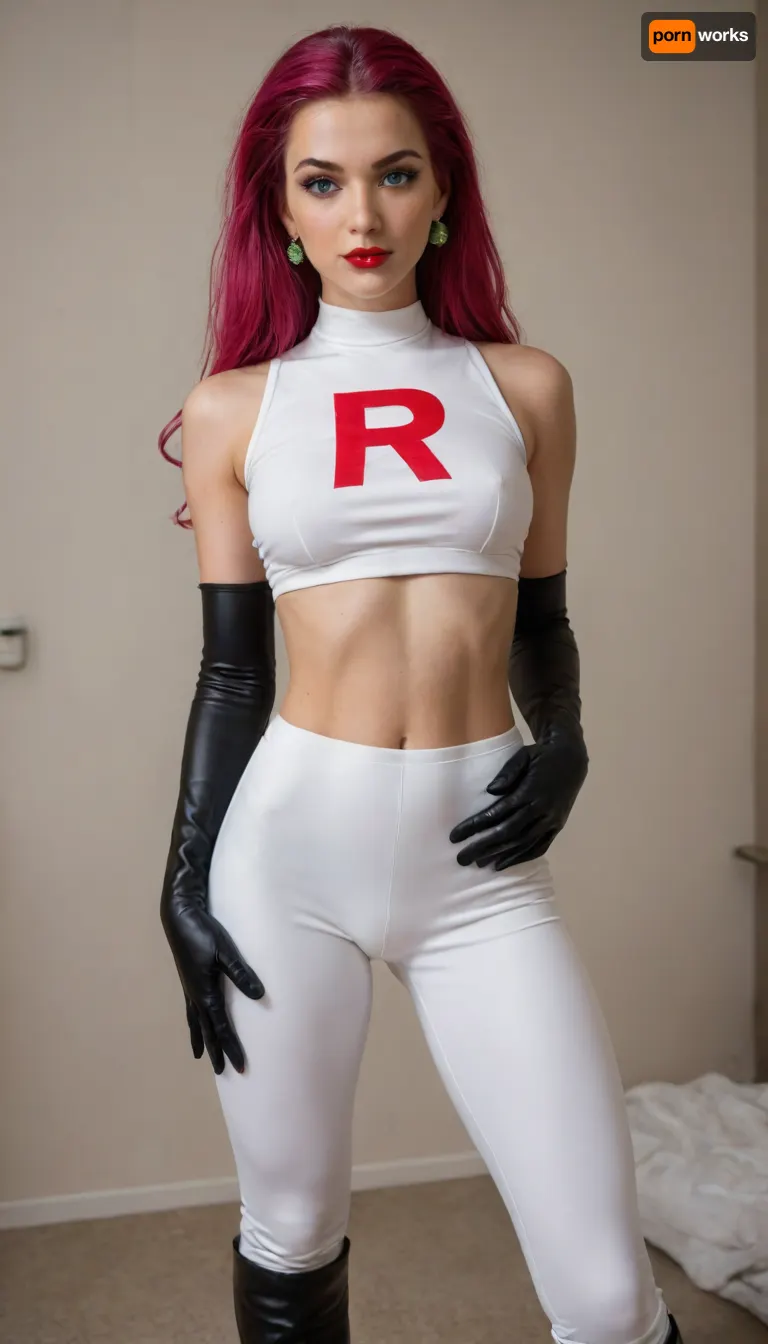 1girl, cosplayer, (Hiperrealistic style), amateur 8k photo, luxurious bedroom black theme, (Pokémon’s Team Rocket Jessie), (Pokémon’s Jessie Team Rocket outfit:1), (hiper detailed body), (25yo), (tall), (slim and fit figure), (narrow waist), (defined hips), (long toned legs), (firm butt), (moderate natural bust), (elegant, confident posture), (smooth fair skin), (toned but feminine physique), (very long magenta hair styled in a high side-swept coil), (large blue eyes), (soft purple eyeshadow), (red lipstick), (white crop top with a red “R” emblem), (white skin tight pants), (thigh-high black boots), (black satin opera gloves)