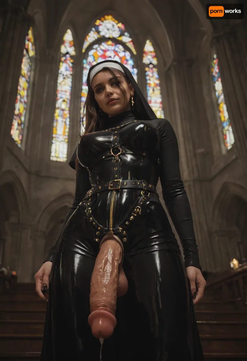 mature, 40yo, nun, latex, strapon dildo, gold harness, view from below, dark gothic church, dynamic, lighting, <lora:Dynamic_Lighting_by_Stable_Yogi_SDXL3_v1:.8>, <lora:580159_training_data:1.3>
