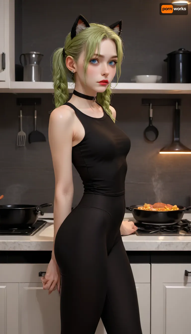 (Masterpice), HD4K visual, clear background, clear model, One Middle age Caucasian White woman, nerrow face, blue eyes, nose ring, ear rings, black choker, tounge ring, bright neon green hair, in pigtails, black cat ears, dark goth makeup, tall, thin body, thick ass, small perky pointed breasts, sleeveless crop top, black skin tight leggings, horny expression, in a kitchen, detailed background, cooking steak on a frying pan, over a modern stove, at night, kitchen lights on, side view, incase, style, ratatatat74, <lora:287175_training_data:1.4>, <lora:ratatatat74-000050:1.4>