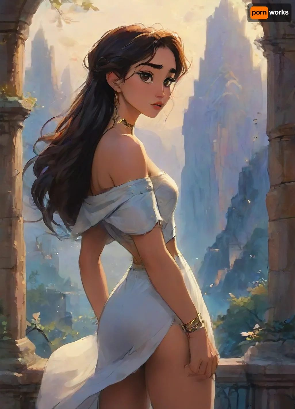 A cinematic, an image of a female knight in a rich medieval fantasy world, standing atop an ancient balcony that overlooks the grand city of Eldrathor, known as the City of Stars, during the twilight hour. The city, surrounded by misty mountains, is bathed in the soft golden light of the setting sun, casting long shadows over its towering spires and majestic stone walls.

The Afro-Caribbean woman is Disha Patani a legendary figure, known as Lyra Solstice, a descendant of the Solstice Lineage—an ancient family of warriors chosen by the Moon Goddess to protect the realm. Her features are noble and striking, with high cheekbones, sharp blue eyes that shimmer like moonlight, and full lips. Her long, wavy hair is a deep silver, almost luminescent, cascading down her back in waves, blending with the mystical aura of the setting sun.

Her hourglass physique is athletic and toned, with visible abs and sculpted arms, hinting at her years of training and strength. She exudes power, grace, and elegance, walking with a commanding yet feminine presence. She wears a chic, off-the-shoulder white crop top that showcases her toned midriff and sculpted abs. The top is complemented by a high-slit white skirt with an intricate chain belt at the waist, the fabric flowing fluidly as she walks. Her outfit is both stylish and practical, fitting for a powerful character in a high-fantasy world.

Her legs are long and well-defined, with toned thighs leading to silver strappy heels that gleam under the soft, atmospheric city lighting. In one hand, she holds a small, ornate clutch, her fingers delicate and graceful, adorned with subtle jewelry. Her overall presence is one of elegance and strength, exuding a sense of mystery and intrigue.

Her posture is regal, with her hands resting on the hilt of her sword, standing tall and unyielding against the coming darkness. The wind tugs at her flowing midnight-blue cloak, embroidered with silver threads depicting the constellations. Her legs are long and muscular, honed from years of combat and training in the ancient ways of the Solstice warriors. Her boots are crafted from enchanted leather.

Behind her, the city of Eldrathor stretches out, its cobblestone streets winding through grand marketplaces and towers of ancient stone, with banners of gold and silver fluttering in the wind. The distant mountains loom, their peaks kissed by the stars, perfect anatomy, best quality, 8k, insane details, intricate details, hyperdetailed, hyper quality, high detail, ultra detailed, professional, HDR, ray tracing reflection, cinematic lighting, highlydetailedbody, realisticface, highlydetailedhair, insanelydetailed, 8K.highdetailedskin, highresolution, perfectfingers, (j_cartoon:1.5), Drawing, dishap, tyxla, <lora:dishap:2>, uberfit, muscular, athletic, <lora:uberfit_lora_sdxl:.3>, <lora:samdoesarts1.1-000030:.4>, <lora:J_cartoon:.3>, <lora:Animated_Concept:.4>