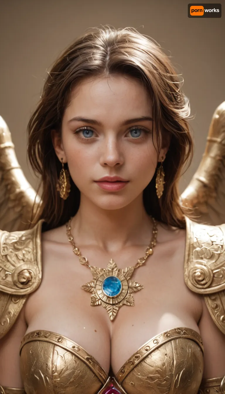 realistic Rebecca Chambers as the Muse of War and Song, final ascension, radiant and divine, large breasts, wearing celestial bardic armor woven with starlight and glowing runes of music, eyes glowing with inspiration, playing a radiant crystalline lute that shines with divine light, spectral orchestras of glowing instruments swirling around her, voice and music reshaping the battlefield, radiant wings of pure sound and light extending behind her, armies united under her divine harmony, cinematic photorealism, ultra-detailed, epic scale, 8k, masterpiece, best quality