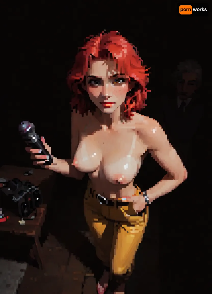 score_9, score_8_up, score_7_up, white and pale skin, medium natural breasts, tan lines, skinny body, tall, thin waist, wide hips, thigh gap, barefoot, hairy pussy, freckles, brown eyes, perfect makeup, detailed skin texture, embarrassed smile, masterpiece, hyper realistic photo, full hd, 8K, camera shot, photoshoot casting, raw, overexposed, harsh, flash, qos outfit, looking, at, viewer, bird view, bird-view, <lora:dark:.5>, MASTERPIECE, best quality, amazing quality, high res, (incase style), pixelart, incase, style, pixel, art, <lora:pixel_stormXL:.3>, Bimbo April O'Neil, A cartoon-style female reporter with bright red hair in a short bob, huge bimbo breasts, wearing a yellow jumpsuit with a white belt and pockets, breasts popping out of top, holding a TV news microphone. She has a horny expression, standing in an urban New York street scene inspired by the classic 1980s Mutant Ninja Turtles cartoon. Vibrant colors, retro cartoon style. topless