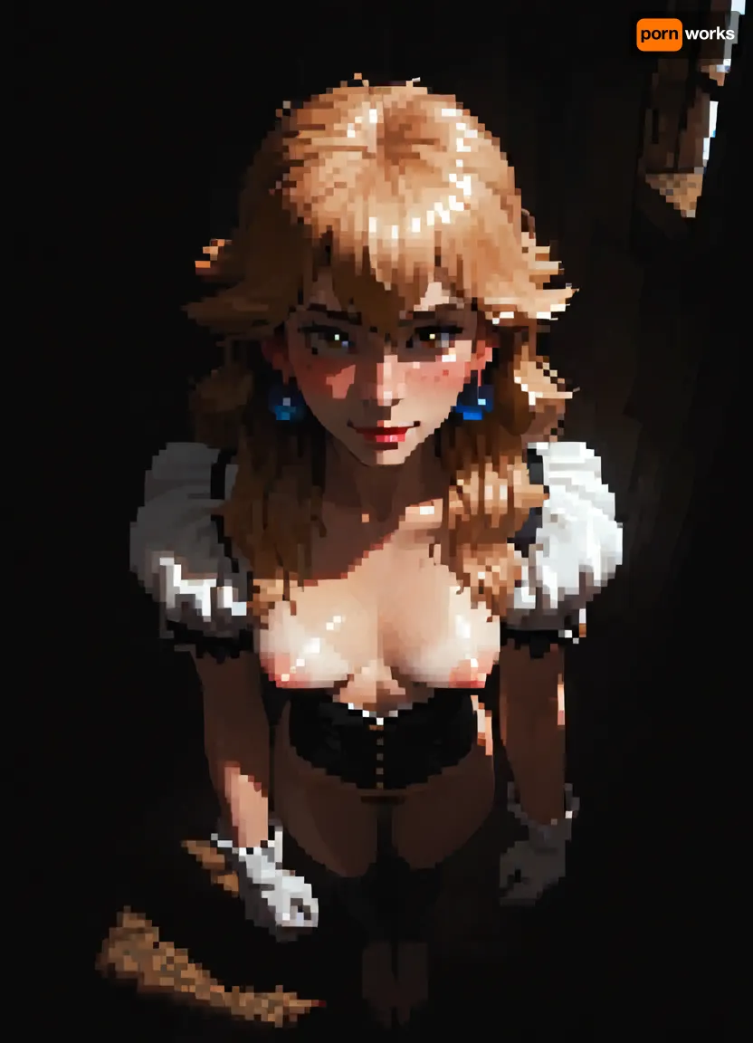 score_9, score_8_up, score_7_up, Princess Peach, A beautiful cartoon-style princess with long flowing blonde hair, white and pale skin, medium natural breasts, tan lines, skinny body, tall, thin waist, wide hips, thigh gap, barefoot, hairy pussy, freckles, brown eyes, perfect makeup, detailed skin texture, embarrassed smile, masterpiece, hyper realistic photo, full hd, 8K, camera shot, photoshoot casting, raw, overexposed, harsh, flash, qos outfit, looking, at, viewer, bird view, bird-view, <lora:dark:.5>, MASTERPIECE, best quality, amazing quality, high res, (incase style), pixelart, incase, style, pixel, art, <lora:pixel_stormXL:.3>, wearing a skimpy pink ball gown with puffed sleeves, white gloves, and a jeweled crown, She has a kind and elegant expression, standing in a bright, whimsical fantasy castle setting inspired by classic Mario games, detailed Nintendo-like style. exposed breasts, topless, boobs out