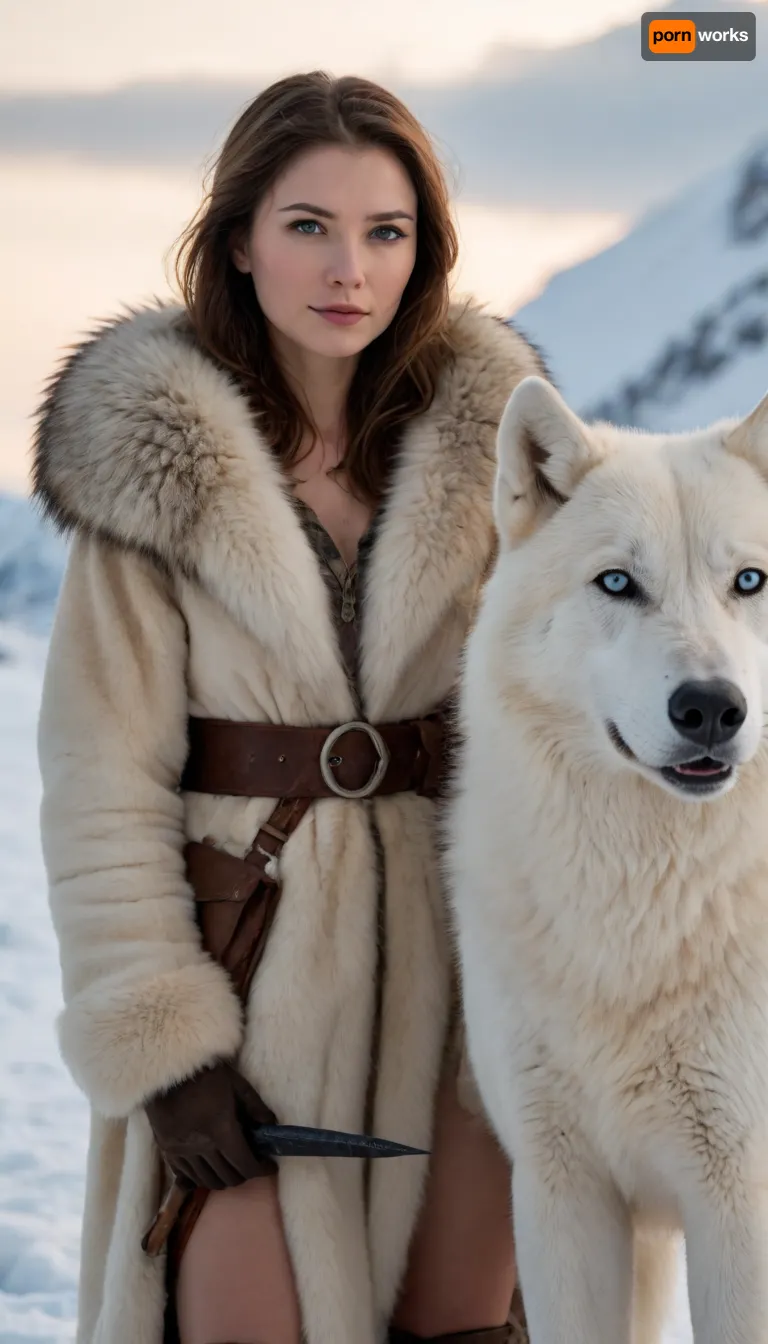 Fictional image, Greenland, in the middle of winter, ((1 female hunter dressed in fur)), ((and her dangerous arctic wolf)), (((are preparing to go hunting))), . They pose for a photo with their beautiful, ((dangerous arctic wolf with white)), fur and sky-blue eyes. The perfection and detail are extraordinary, and its noise-free definition is perfect.