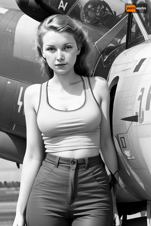 Airplane fighterplane, WW2, beautiful young feminin pilot, hard young face .White nearly transparent Tanktop, hard nippels visible under the tanktop, in the front of the aiplan, full body visible, she is dirty, dirty pants, just back from the job