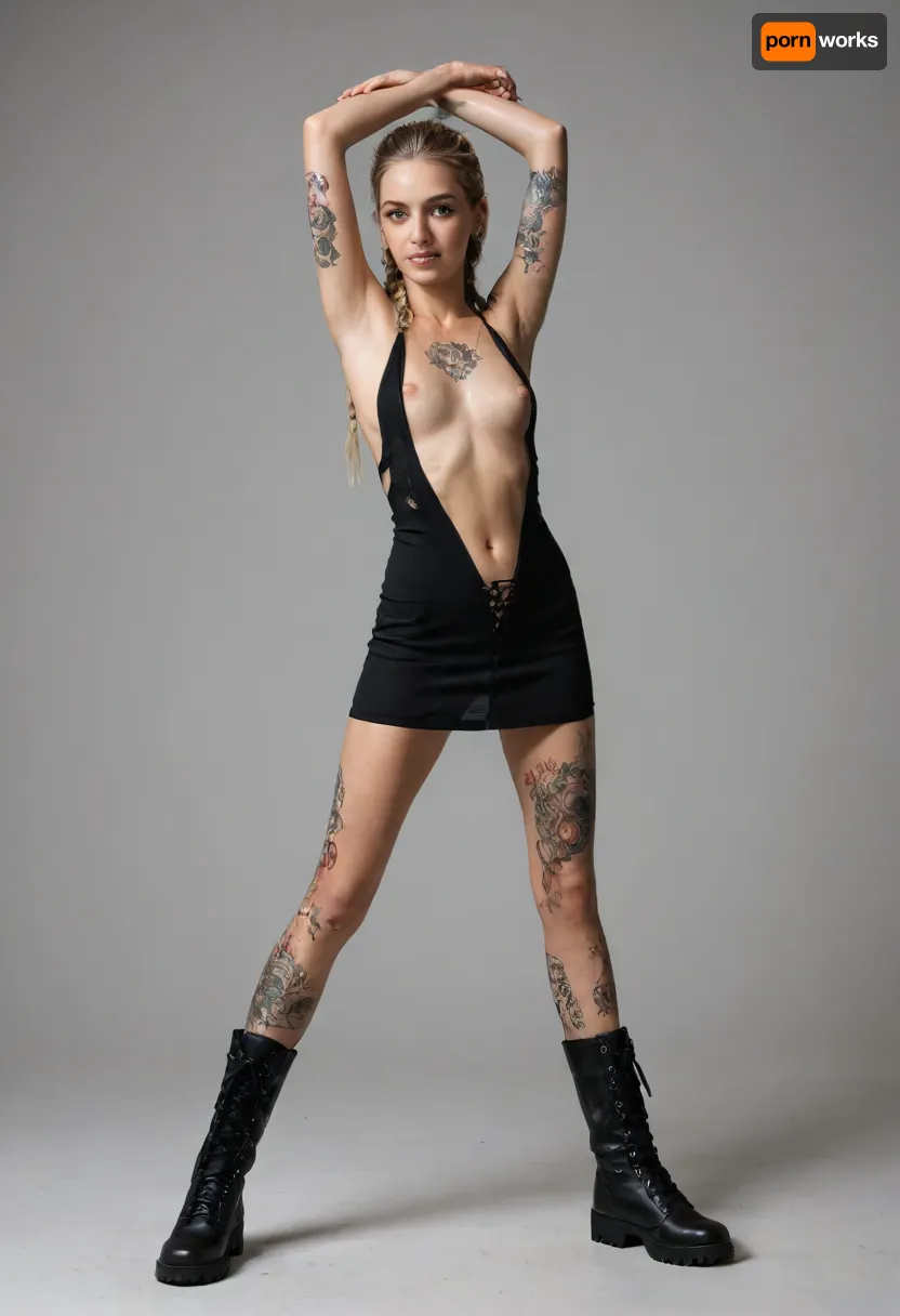 (hyper realistic), (realistic), 1, best lighting, perfect illumination, (best illumination), (best shadow, best shadows), highres, ultra-detailed, 8K, UHD, highest quality, masterpiece, best quality, (ultra realistic), sharp image, (highly detailed faces, (ultra-detailed faces)), (realistic mouths, realistic teeth, detailed hair, detail irises), ((((1 girl, very sweaty, very skinny, tattoos)))), punk style tight dress, fish net leggings, combat boots, dancing, both arms up, crystal clear image, goth girl in dress, long blonde braided hair, seductive, side breasts, ine visible breast, hard nipples, very sweaty from dancing, flat, chested, <lora:flat_chested_v3.5:.3>