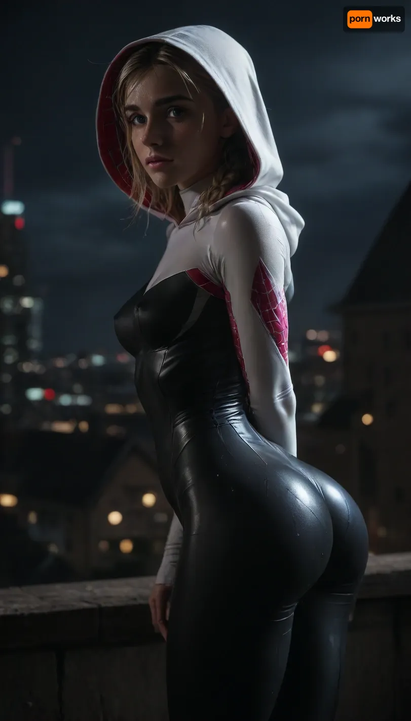 night, clear weather, (((18 years old))), (((young))), (shy and embarrassed:1.4), (spider girl Gwen Stacy), Braided side Side Cornrows Hair, (tight outfit), (athletic body:1.5), hood on head, (hip gap:1.3), wide hips, (narrow waist:1.4), (blonde with pink strands), (view from full side:1.6), climbs to the roof of a high-rise building, (makeup), New York day, ((pussy cameltoe:1.4)), (shining wet clothes), (makeup:1.2), (oiled skin:1.5), (wet shining tight bodysuit:2), hand, 1girl, (athletic ass:1.6), (medium natural breast:1.5), (high detailed face:1.5), dim lights, (hard nipples:1.3), (chiaroscuro lighting:.3), <lora:HandFineTuning_XL:1>, <lora:MGLRbodysuit_sdxl:.6>, <lora:uberfit_lora_sdxl:.4>, <lora:dark:.3>