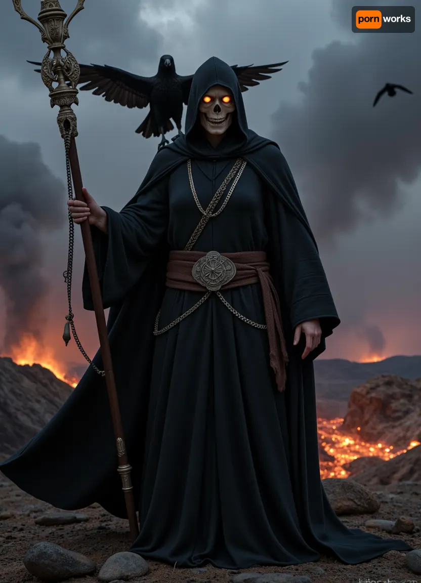 Given the image, here are the detailed prompts for Stable Diffusion, **Positive Prompt, ** ```, (grim reaper), ((death)), (skeletal face, glowing eyes inside hood:1.2), (full body shot), (dark hooded cloak, flowing fabric:1.3), standing proudly, (intricate staff with chains and crucifix details:1.1), (majestic raven with outstretched wings:1.2), perched on shoulder, (dark ominous sky, thunderclouds:1.15), (dramatic lighting:1.1), (cinematic atmosphere), (fantasy art, digital painting:1.3), (volcanic landscape, molten lava ground:1.1), glowing embers, flying ravens in background, depth of field, highly detailed, sharp focus, octane render, unreal engine, masterpiece, best quality, ultra high resolution, dynamic pose, dark fantasy, epic scene, highly detailed robes, intricate chains.