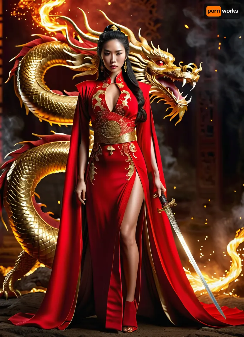 (masterpiece, best quality, ultra-detailed:1.2), (photorealistic, 8k, sharp focus:1.1), full body shot of a beautiful Chinese warrior priestess, long flowing dark hair, intricate updo, (red oriental-inspired gown with gold accents and high slit:1.3), revealing top, holding a glowing golden sword, standing majestically, with, ((a massive, angry, glowing red and gold oriental dragon)), coiled behind her as an imposing backdrop, dragon's head visible, glowing eyes, digital painting, fantasy art, cinematic lighting, dramatic atmosphere, volumetric lighting, particles, embers, fire sparks, dark background with subtle glowing Chinese characters, intricate gold embroidery, jewelry, alluring, confident pose, rich colors, deep reds, shimmering golds, (detailed skin texture:1.1), (epic composition:1.1), (fantasy poster art:1.2)