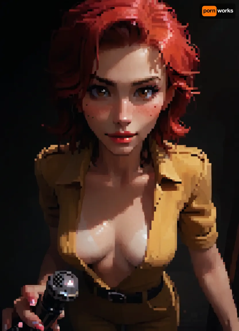 score_9, score_8_up, score_7_up, white and pale skin, medium natural breasts, tan lines, skinny body, tall, thin waist, wide hips, thigh gap, barefoot, hairy pussy, freckles, brown eyes, perfect makeup, detailed skin texture, embarrassed smile, masterpiece, hyper realistic photo, full hd, 8K, camera shot, photoshoot casting, raw, overexposed, harsh, flash, qos outfit, looking, at, viewer, bird view, bird-view, <lora:dark:.5>, MASTERPIECE, best quality, amazing quality, high res, (incase style), pixelart, incase, style, pixel, art, <lora:pixel_stormXL:.3>, Bimbo April O'Neil, A cartoon-style female reporter with bright red hair in a short bob, huge bimbo breasts, wearing a yellow jumpsuit with a white belt and pockets, (breasts popping out of top), holding a TV news microphone. She has a horny expression, standing in an urban New York street scene inspired by the classic 1980s Mutant Ninja Turtles cartoon. Vibrant colors, retro cartoon style, mutant ninja turtles