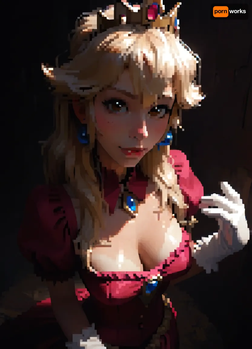score_9, score_8_up, score_7_up, Princess Peach, A beautiful cartoon-style princess with long flowing blonde hair, white and pale skin, medium natural breasts, tan lines, skinny body, tall, thin waist, wide hips, thigh gap, barefoot, hairy pussy, freckles, brown eyes, perfect makeup, detailed skin texture, embarrassed smile, masterpiece, hyper realistic photo, full hd, 8K, camera shot, photoshoot casting, raw, overexposed, harsh, flash, qos outfit, looking, at, viewer, bird view, bird-view, <lora:dark:.5>, MASTERPIECE, best quality, amazing quality, high res, (incase style), pixelart, incase, style, pixel, art, <lora:pixel_stormXL:.3>, wearing a skimpy pink ball gown with puffed sleeves, (deep cleavage with exposed breasts out), white gloves, and a jeweled crown, She has a kind and elegant expression, standing in a bright, whimsical fantasy castle setting inspired by classic Mario games, detailed Nintendo-like style., shirtpull, <lora:shirtpull_SDXL:.8>
