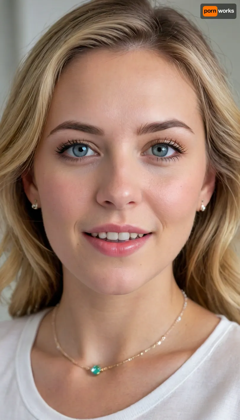 19 yo, ((Norwegian girl)), cute, slender, not so tall., The face has a soft, oval shape with smooth, youthful skin and delicate features. The long hair is thick, and wavy, tussled, with very light, almost platinum blonde strands near the front that blend into a warmer golden blonde toward the ends. It is loosely pulled back behind the ears, with a few free strands framing the face naturally. The eyes are light green or hazel, almond-shaped, and bright, framed by medium-thick, slightly arched eyebrows that are darker than the hair. The nose is straight and slender, with a soft bridge and a gently rounded tip. The mouth features full, softly curved lips in a natural pink tone, shaped into a relaxed, closed-lip smile that conveys friendliness and warmth. The skin tone is fair and radiant, with a natural rosy flush across the cheeks and nose, giving a fresh, clean appearance. Small blue gemstone stud earrings and a delicate necklace with a cursive name pendant add subtle detail. The expression is happy, warm, inviting, and playful, with the head tilted slightly to one side for an approachable and relaxed look., she has a happy expression, (she is wearing a shirt . Her boyfriend is standing behind her kissing her neck and feeling her body from behind her back. Her jeans and panties are pulled down to reveal her hairy vagina), Her vagina is the center of the image, and, (((she is facing forward))), .she is in her bedroom. She is slim . The man’s eyes are closed . He is pajama pants and a sweater. He has short hair, She has a very long pearl necklace, prominent circular earrings, perfect teeth, slender figure detailxl