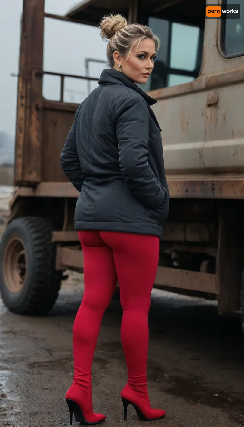 (4K UHD ultra-detailed RAW photo), high detailed, 8k, (photorealistic:1.7), close up, face focus, Georgian tourist women 50 yo, ((view from behind)), ((milf:1.5)), ((curvy:1.3)), in Wasterland, standing near the truck, (scared attitude:1.1), ((wearing in short winter jacket)), ((wearing in red leggings)), ((fertile body)), ((high heels over knee high boots)), white messy bun haircut, ((makeup:1.2)), 1/2 length view, (4K, high resolution, best quality), fnvlegionslave, Wasteland, clothes, Photography, stvmccrr, style, <lora:stvmccrr:.5>