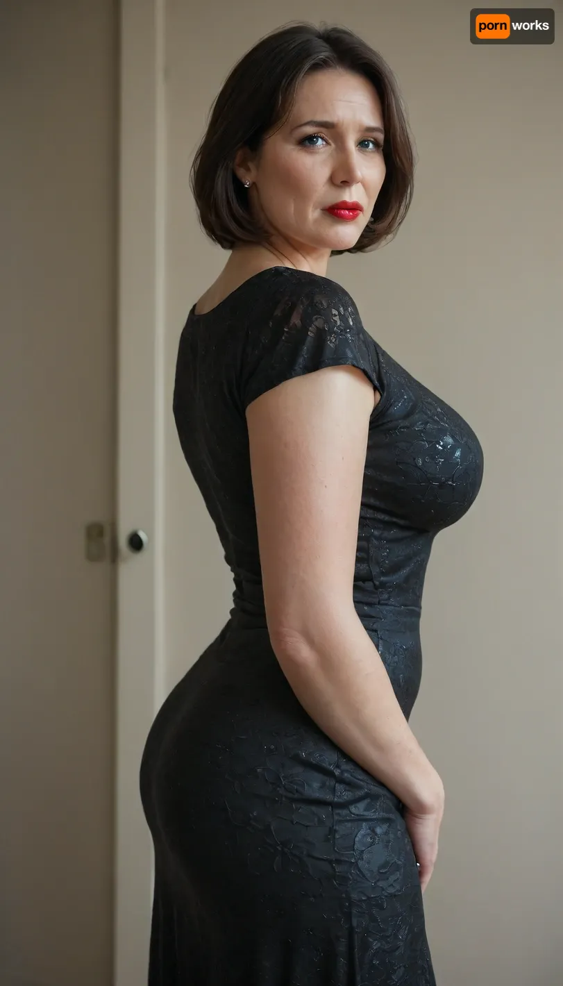 1/2 body view, curvy soviet mature woman, ((completely clothing)), ((in short summer blackk dress)), ((dark black bob haircut)), 40 years old, perfect face, ((sad:1.3)), ((milf:1.6)), blue eyes, makeup, red lipstick, standing on reception area, ((view from side)), ((looking on viewer)), microskirt, extremely, short, skirt, side bangs, <lora:MicroSkirt_XL:.9>, <lora:580159_training_data:1>