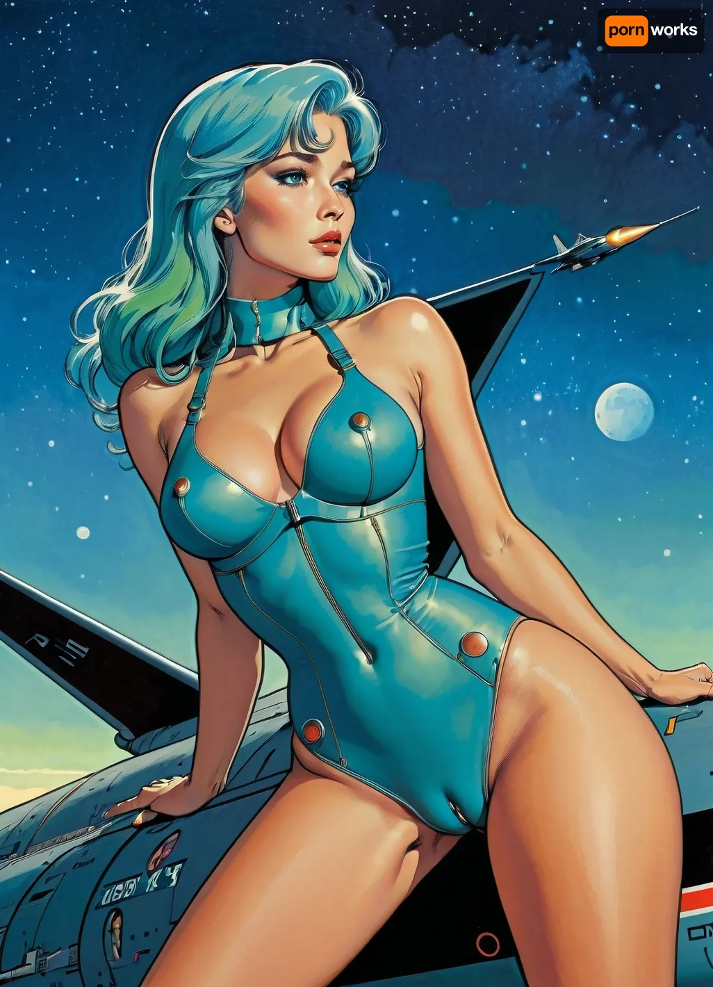 score_9, score_8_up, score_7_up, source_anime, painting of a pinup on the side of a SR-71 bomber, (A detailed drawing with clean lines and meticulous shading, perfect eyes, flat colors, line art, no gradients, blue and green palette), realistic anatomy, night, moon, Moebius, detailed face, (Jean, Giraud), page, lineart, <lora:Moebius (Jean Giraud) Style:.7>, <lora:lineartSDXL:.7>