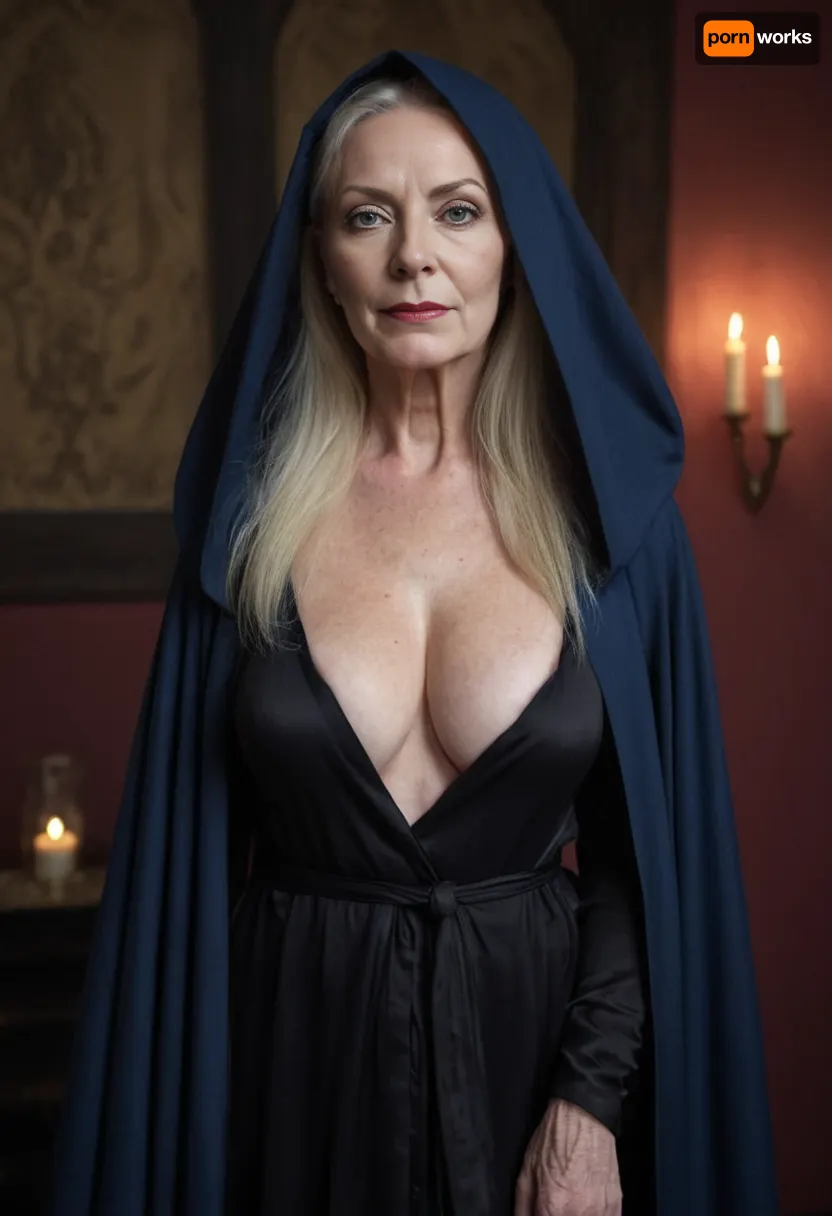 Full-body shot, 70 year old British woman, pale skin, middle-aged skin, middle-aged body, freckles and stretch marks, sagging pendulum breasts with big nipples and prominent veins, long straight dyed blonde hair, heavy makeup to attempt to look younger, wrinkles, blue eyes, wearing only a loose open black robe, occult fashion, occult style, satanic appearance and background, witch fashion, standing backstage at a concert venue, w1+ch, crd, lady, <lora:181422_training_data:.4>, <lora:Witch_SDXL_r1:.5>, <lora:Old_lady:.5>