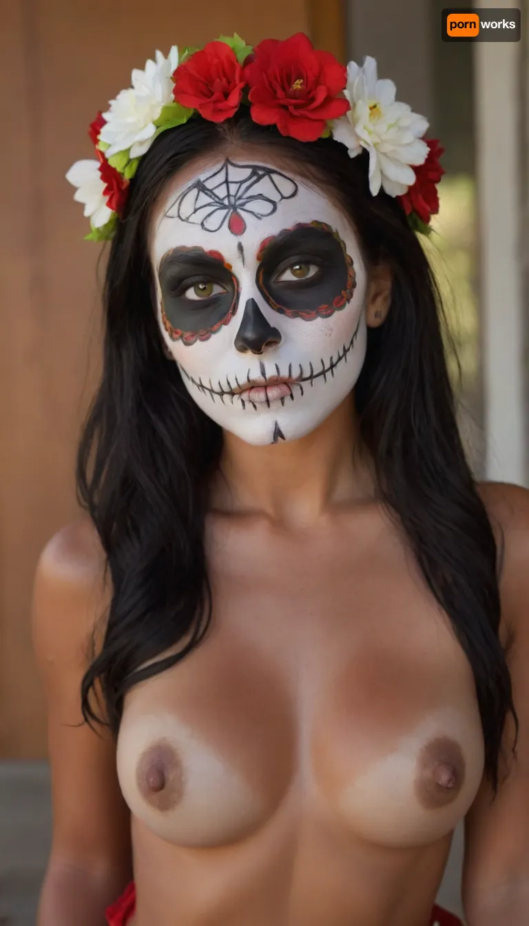 Sexy, little, Mexican girl, Catrina skull full face paint, bright green eyes, ((black, white, and red, face paint:1.2)), t1, skull, dia de los muertos, day of the dead, flowers in hair, long black hair, styled up nice, ((skull face paint)), naked, skinny body, dark tanned body, (tan lines:1.3), mexican, talavera, she is on her knees, seductive look on her face, hotsquat, woman, squat, bellissima, 1girl, <lora:TalaveraCatrina_by_Devdope-000011:1.4>, <lora:woman_squat_xl_lora-000031:1>, <lora:LesFemmesXL_v1.0:1.1>