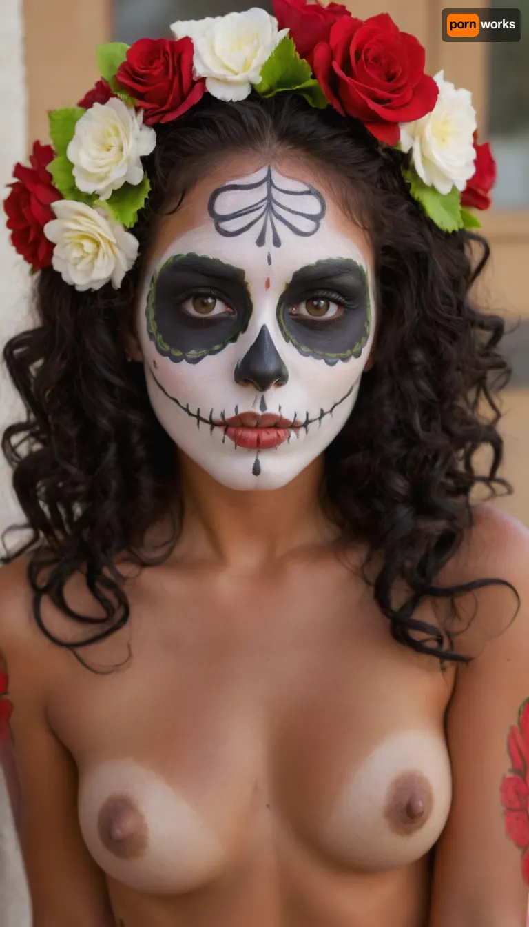 Sexy, little, Mexican girl, Catrina skull full face paint, bright green eyes, ((black, white, and red, face paint:1.2)), t1, skull, dia de los muertos, day of the dead, flowers in hair, long black curly hair, styled up nice, ((skull face paint)), naked, skinny body, dark tanned body, (tan lines:1.3), mexican, talavera, she is on her knees, seductive look on her face, hotsquat, woman, squat, bellissima, 1girl, <lora:TalaveraCatrina_by_Devdope-000011:1.4>, <lora:woman_squat_xl_lora-000031:1>, <lora:LesFemmesXL_v1.0:1.1>