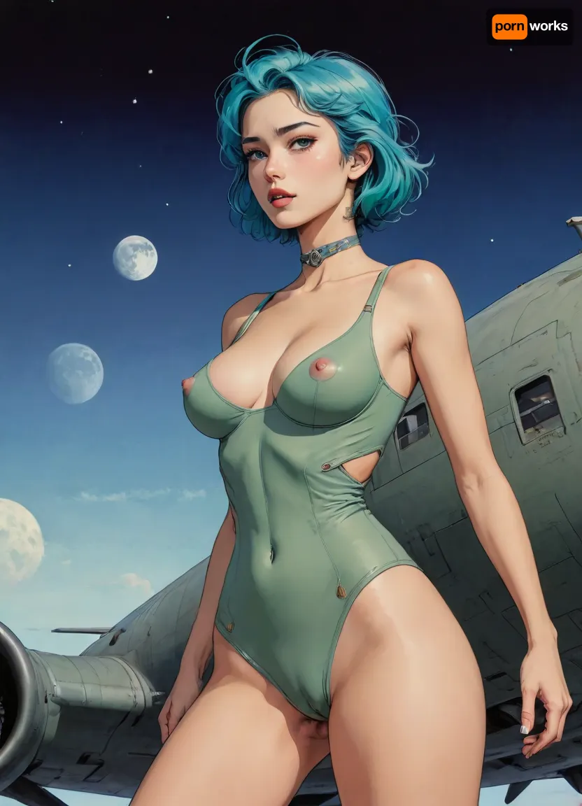 score_9, score_8_up, score_7_up, source_anime, painting of a pinup on the side of a B-29 bomber, (A detailed drawing with clean lines and meticulous shading, perfect eyes, flat colors, line art, no gradients, blue and green palette), realistic anatomy, night, moon, Moebius, detailed face, (Jean, Giraud), page, lineart, <lora:Moebius (Jean Giraud) Style:.7>, <lora:lineartSDXL:.7>
