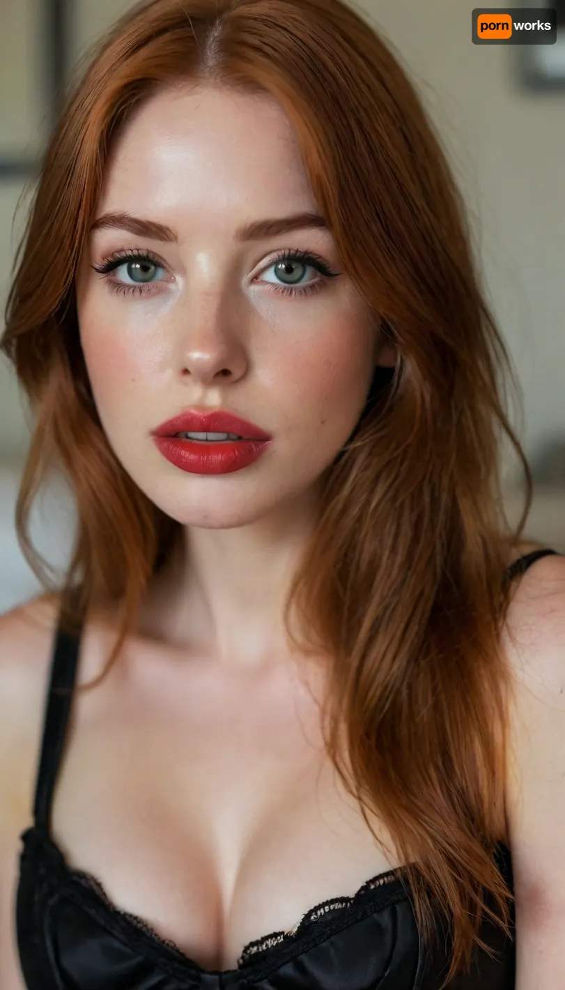 ziprealism, (25yo, intimate sensual esthetic, offset composition), (seductive sensual expression, sensual gaze, soft teasing smirk:1.2), (f/2.8, shallow depth of field, subtle bokeh), (loose closeup shot, view from side, focus on lips:1.8), (sleek glossy red hair, straight long hair, hair obscuring face, light full eyebrows:1.4), (slender athletic body), (soft pillowed lips:1.6), (big lips:1.4), (moist lips, vibrant red lipstick:1.4), (natural skin texture, long thick eyelashes:1.2), (udmurt facial features:1.3), (no make up:1.3), (cozy bedroom), (large teardrop breasts, soft breasts, pale nipples:1.3), (big breasts in a corset:1.4), (strong defined jawline, large expressive eyes, catchlights), igbaddie, <lora:igbaddie-XL:.4>, <lora:style_lora_realis:.8>
