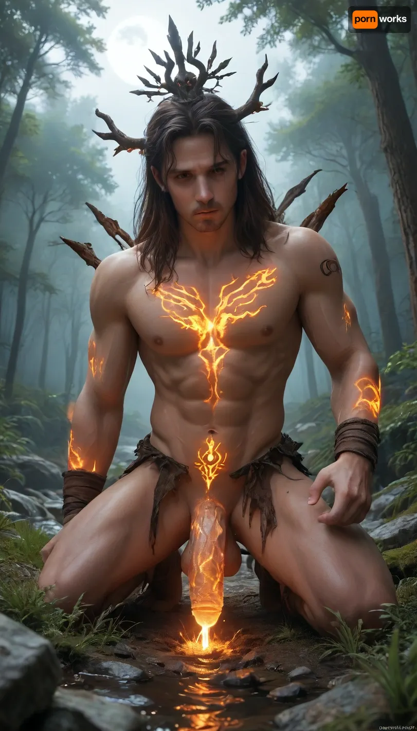 A dark scene of enchanted ancient forest, A vast wonderland filled with broken colossal cocks half-buried in the grass, golden glowing orbs suspended in the air. In the center stands a sexy shemale with penis performing anal sex with male. in torn ritual robes, glowing crimson tattoos across her skin. Around her, golden trees bleed glowing gold liquid into the ground, dripping into the dust. Above, a massive blood moon cracks the sky, revealing glimpses of ancient temples, and futuristic ruins. Water flows, torches burn with black fire. Epic, fantasy, cinematic atmosphere of enchanted ancient forest and glowing mysteries in eternity.