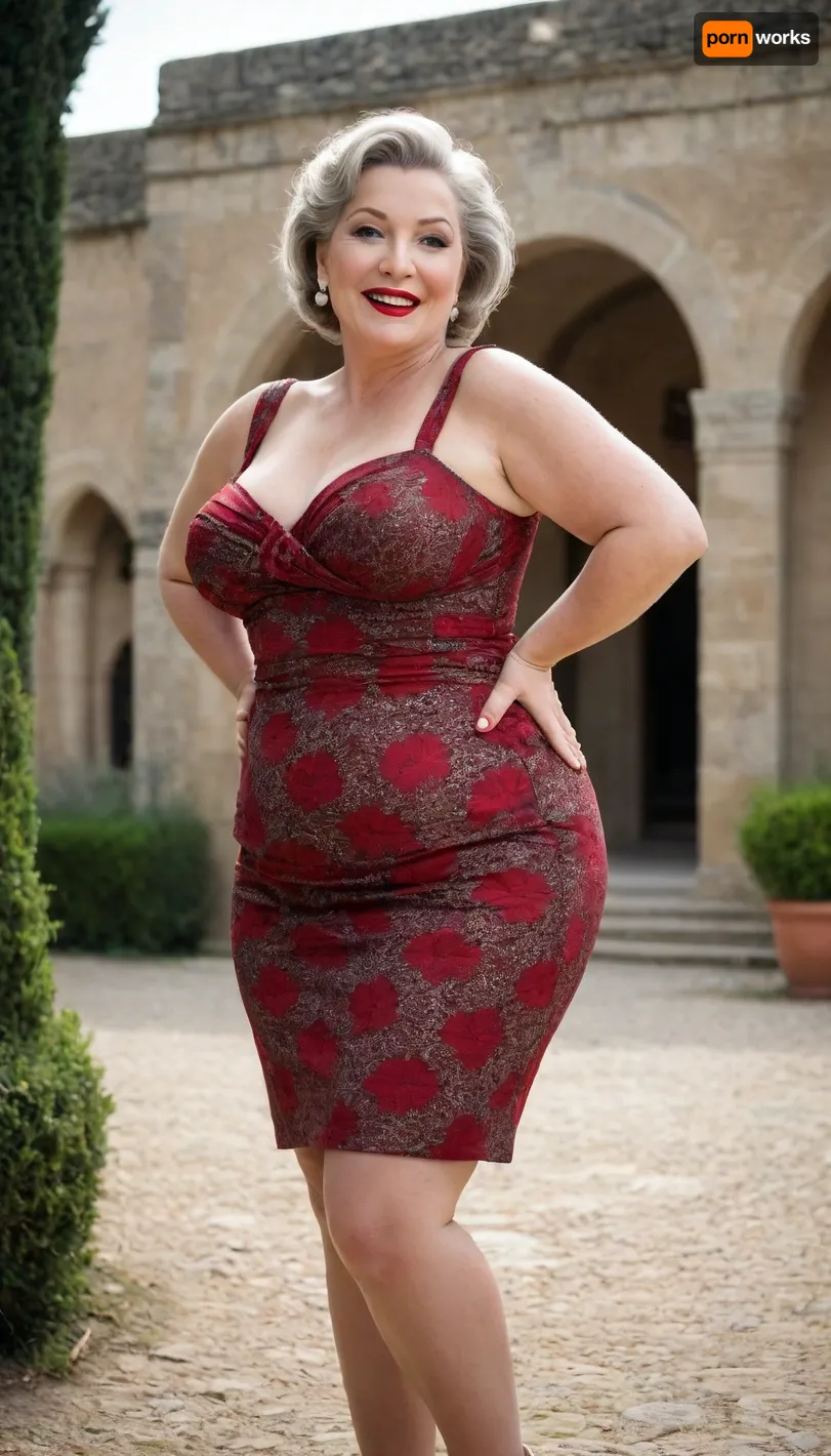 A 1955 full-length photograph showing a 65-year-old plump mature woman with a seductive smile on her face, makeup and bright red lips.She has very wide rounded hips, she is wearing a gorgeous short dress with a large neckline and open shoulders, the slit at the bottom shows her big hips, cellulite hips, very large bust, saggy torpedo tits, wide hips, and she is standing in the courtyard of an ancient castle.