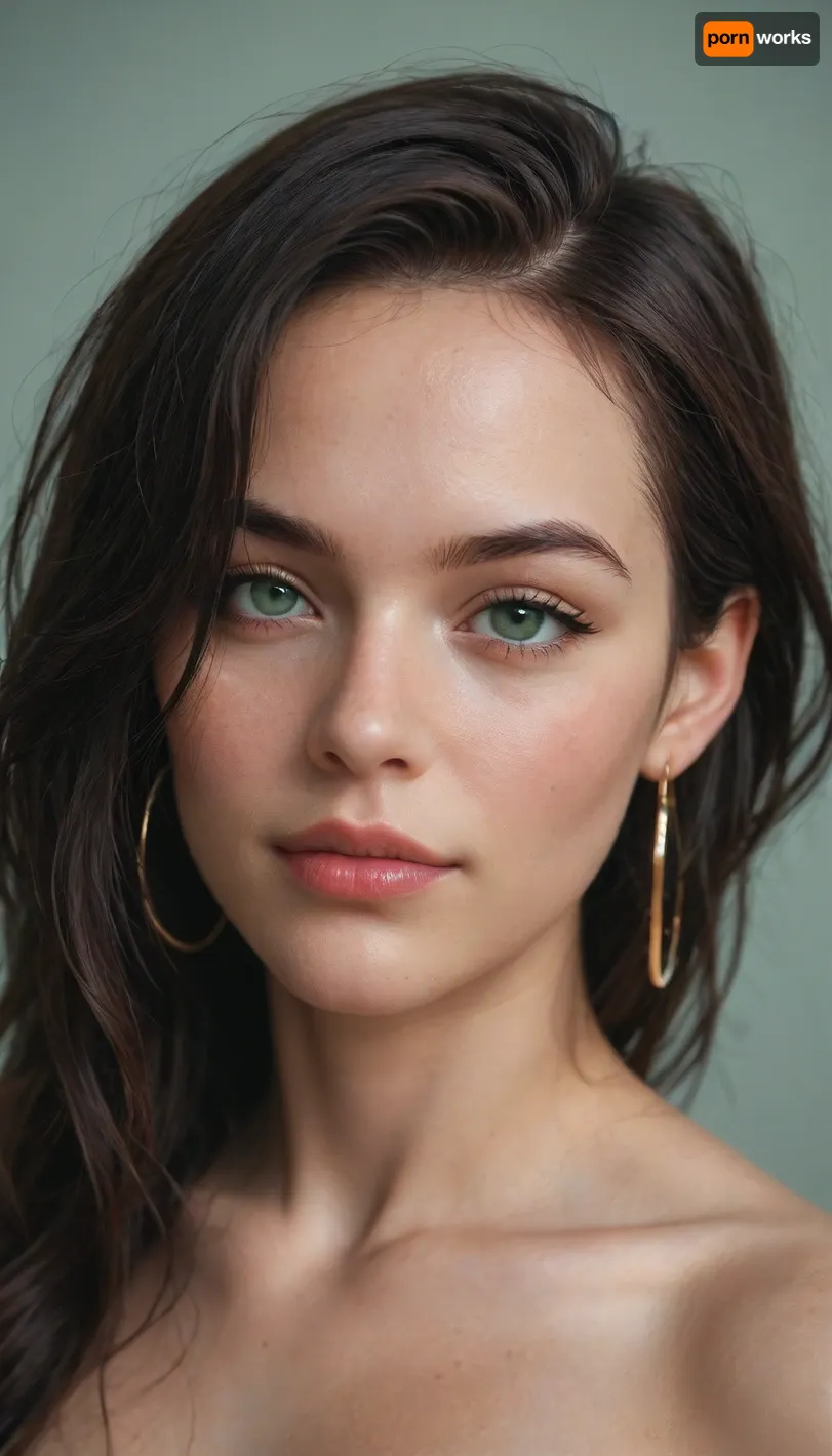 1girl, adult woman, black hair, straight hair, green eyes, close up, seductive smirk, plain neutral background, hoop earrings