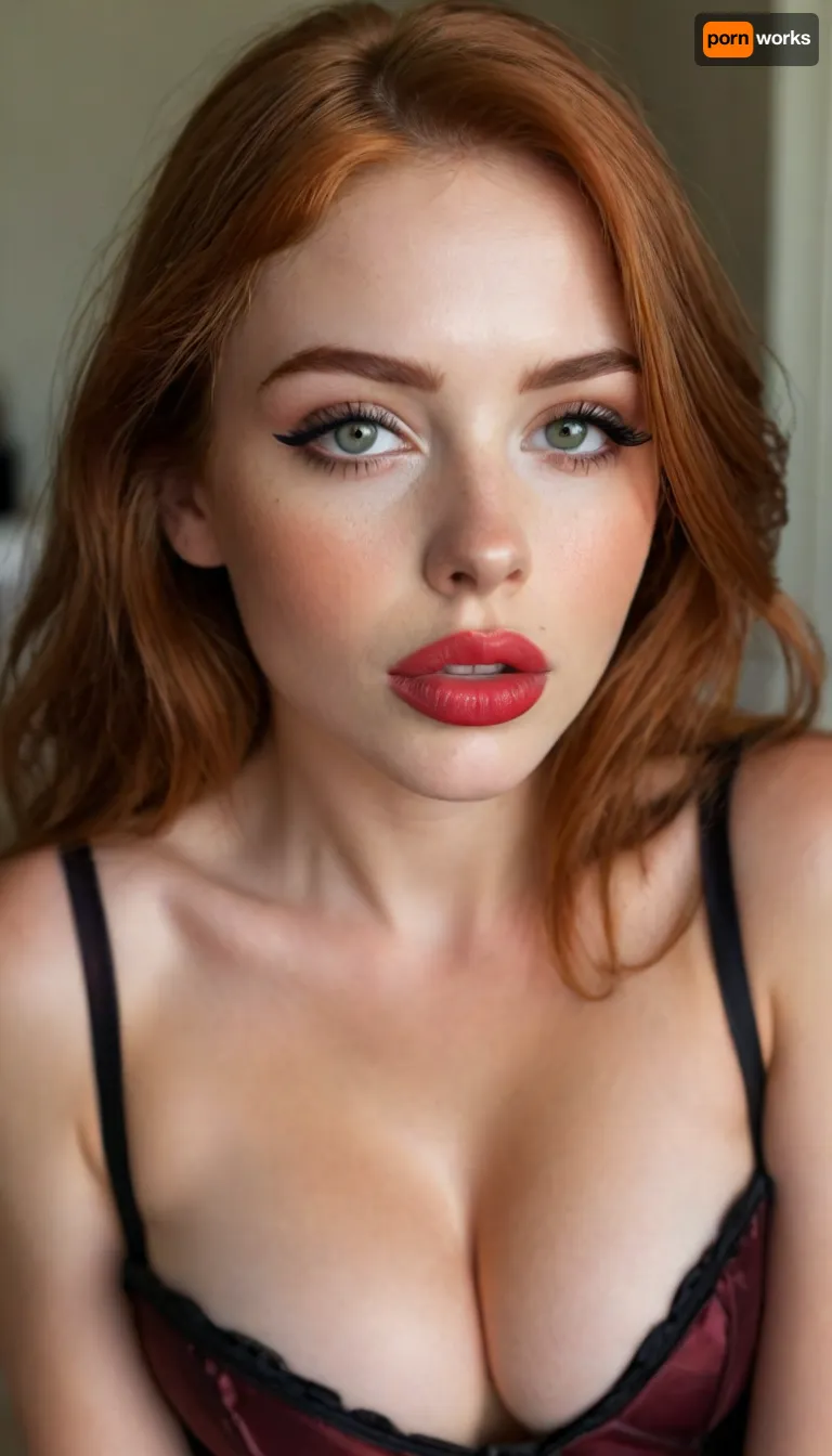 zip realism, (half body in frame:1.3), upper body in frame, (22yo, intimate sensual esthetic, offset composition), (seductive sensual expression, sensual gaze, teasing look, fuck me face, soft teasing smirk:1.2), deep green eyes, (f/2.8, shallow depth of field, subtle bokeh), (loose closeup shot, view from side, focus on lips:1.8), (sleek glossy red hair, straight long hair, hair obscuring face, light full eyebrows:1.4), (slender athletic body), (soft pillowed lips:1.6), (big lips:1.5), (big dick sucking lips:1.5), (plump lips:1.4), (moist lips, vibrant red lipstick:1.4), (natural skin texture, long thick eyelashes:1.2), (udmurt facial features:1.3), (no make up:1.3), (cozy bedroom), (large teardrop breasts, soft breasts, pale nipples:1.6), (holding boobs with her hands:1.4), (begging to be fucked:1.7), (big breasts in a corset:1.8), (big tits:1.8), (huge boobs:1.7), (strong defined jawline, large expressive eyes, catchlights), igbaddie, <lora:igbaddie-XL:.4>, <lora:style_lora_realis:.8>