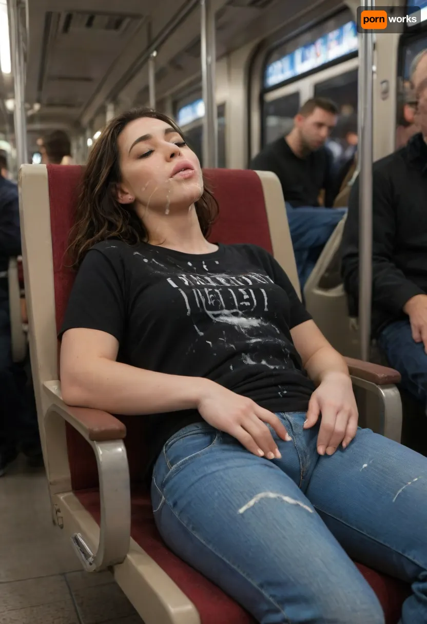 22 yo, sleeping fully clothed in crowded subway, asleep, train, station, neon lighting, sitting back in chair, jeans a tshirt, (leaning back:1.2), (mouth slightly open:1.3), facial cumshot, excessive cum on shirt, extreme close-up, <lora:polyhedron_train-000005:.6>, bukkake, cum, <lora:MS_Real_XL_Bukkake:.8>