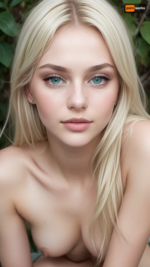 young russian woman in high resolution, nude, view from the top, 18 years old, green eyes, slim, petite, with bleach blonde hair, black highlights, (top), very detailed face and eyes