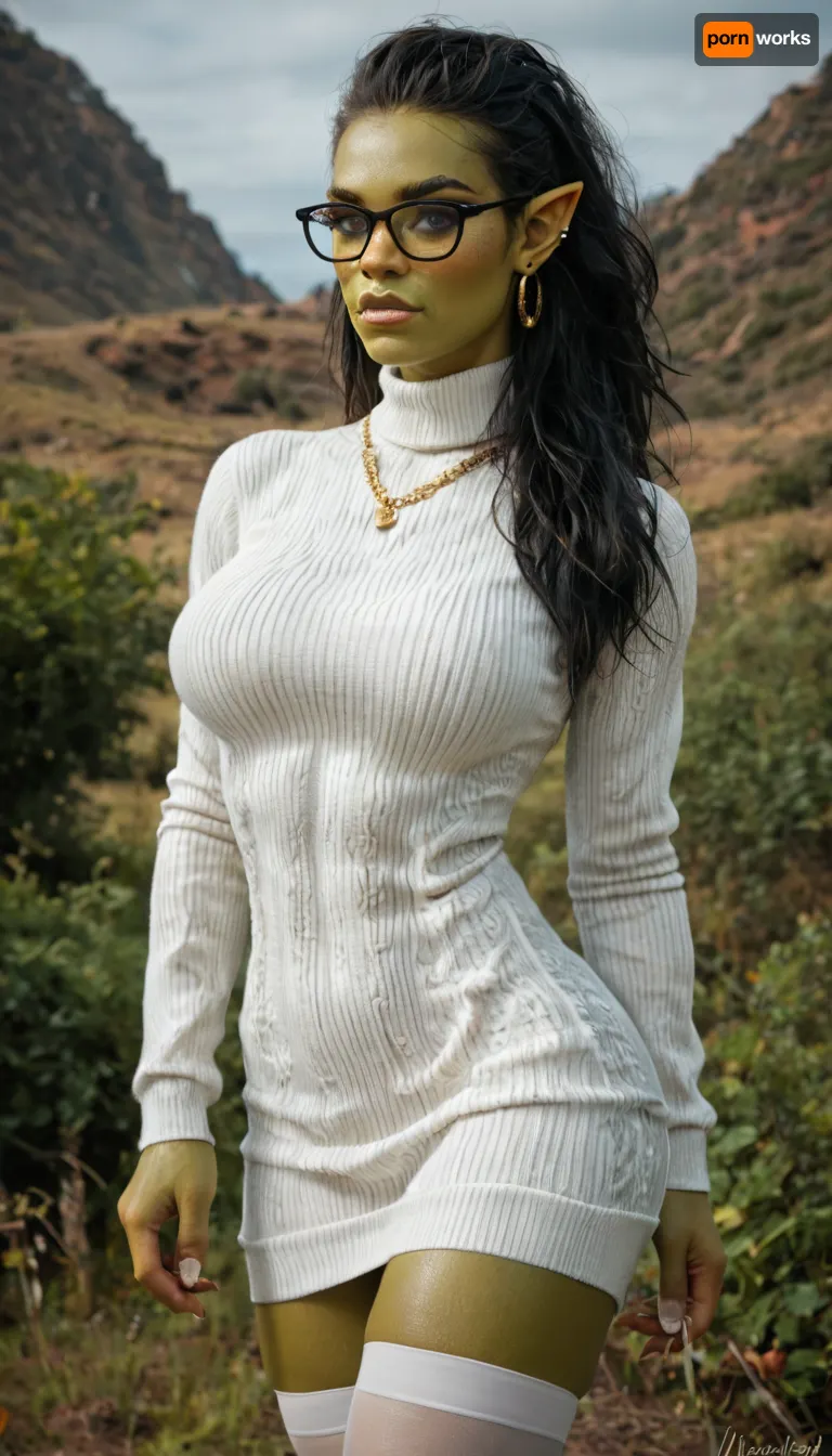 (((Orc girl green skin))), ((athletic)), thick black glasses white thigh highs, Sexy Posing, Shirt too tight and semi-transparent., (white neck sweater dress), golden necklace (((Orc girl green skin))), ((athletic)), thick black glasses white thigh highs, Sexy Posing, Shirt too tight and semi-transparent., (white neck sweater dress), golden necklace