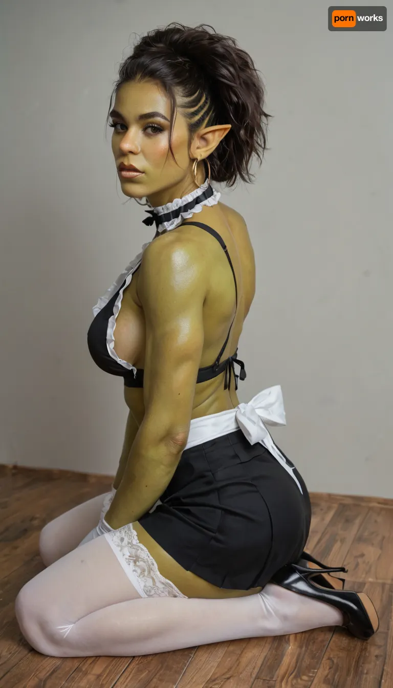 (((Orc girl green skin))), ((athletic)), kneeling, hands against floor squeezed between her thighs, view from partly behind, she turns her head to camera, show her ass from the rear, sitting on her feet, show both feet, show side boob, viewpoint is above her head, she has back arched, chin is lifted upwards, show more boobs from side, full view, dynamic sexy pose.
sexy maid outfit, short black skirt, white apron, white blouse, black bustier, white stockings, black garters, black high heels, white gloves, black lace choker (((Orc girl green skin))), ((athletic)), kneeling, hands against floor squeezed between her thighs, view from partly behind, she turns her head to camera, show her ass from the rear, sitting on her feet, show both feet, show side boob, viewpoint is above her head, she has back arched, chin is lifted upwards, show more boobs from side, full view, dynamic sexy pose.
sexy maid outfit, short black skirt, white apron, white blouse, black bustier, white stockings, black garters, black high heels, white gloves, black lace choker