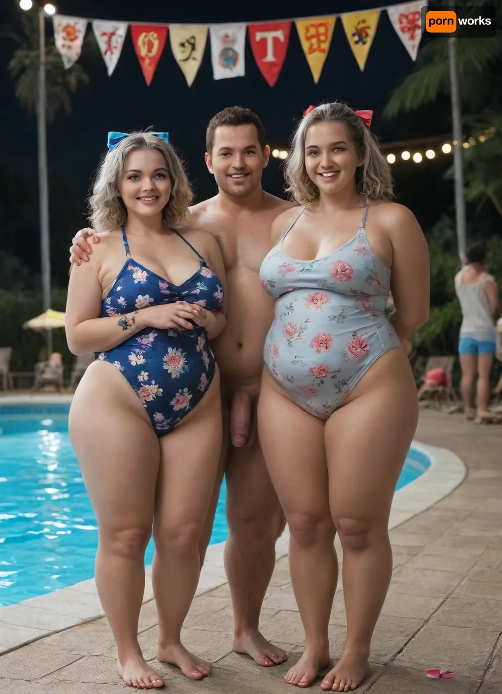 pool, night, dim lighting, party, ((obese young girls in floral one piece swimsuit)), two girls in swimsuits, (two naked boys), gray curly hair, hair bow, lots of young naked boys everywhere, naked boys everywhere, women in swimsuits, flaccid cock, touch, full body view, candles, petals, happy, flowers, banner saying "CFNM PARTY"
