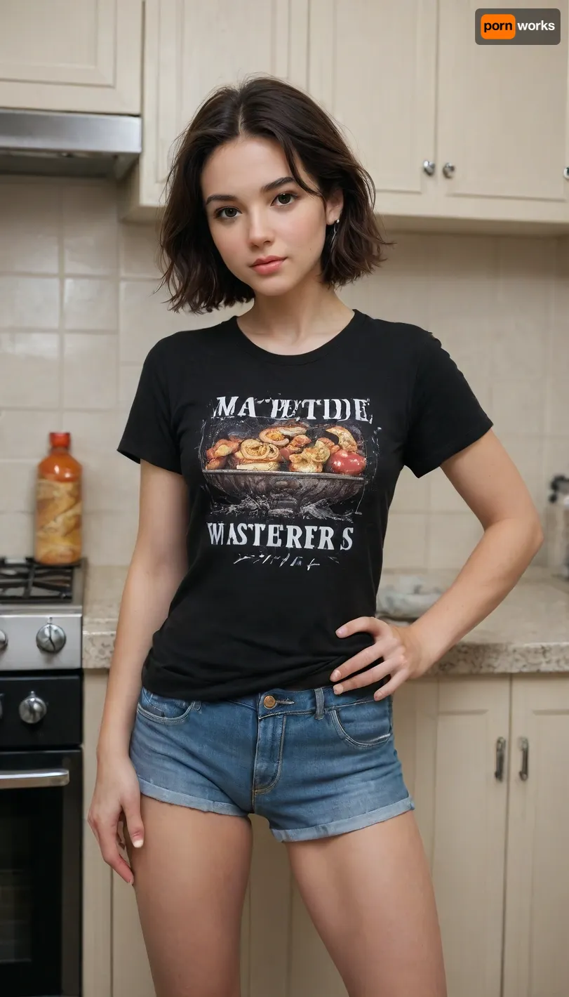 masterpiece, best quality, highres, absurdres, very awa, 1girl, solo, short hair, black hair, casual, t-shirt, short sleeves, shorts, print shirt, kitchen, indoors, contrapposto, legs apart, head tilt, hip focus, brown eyes, (food:1.2), standing, cowboy shot, looking at viewer