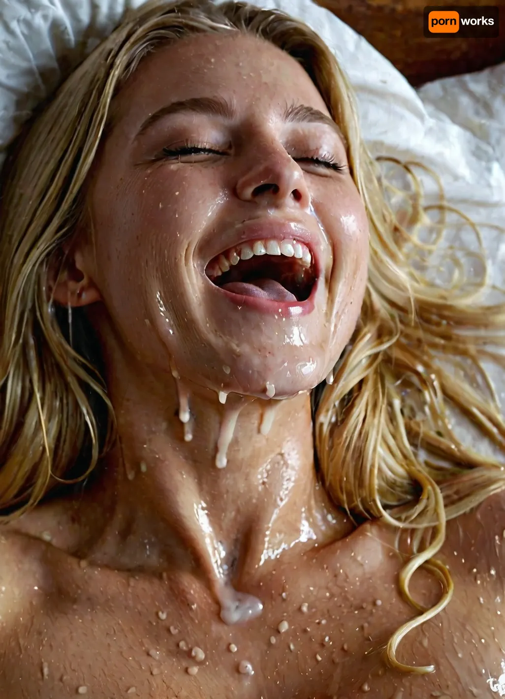 A naked couple in bed. The girl has a penis in her mouth. She has a white creamy face with a lot of spearm on it. The white liquid is everywhere. She wears a transparent wet shirt. The small breast is visible through the shirt. She likes the cum, a lot cum is spreading out of the penis . She is smiling. You can see her creamy teeth. She is blonde, with long open hair, sweaty. Picture shows pussy from below. Camera angle is blow pussy. He comes at this moment. He is moaning.