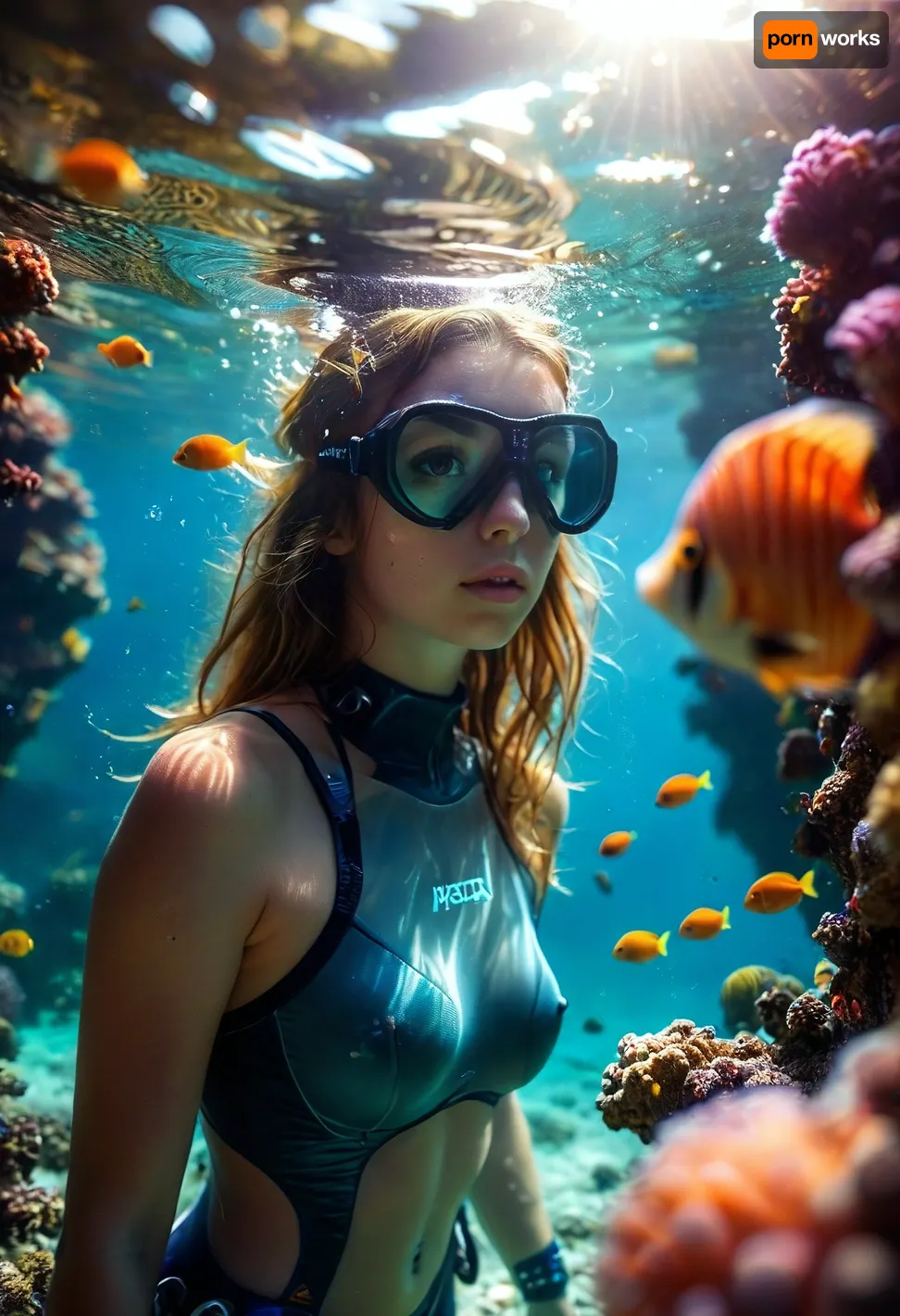 (north Europe young woman:1.5), brown eyes, giant breasts, athletic, hourglass, swimming under the sea, sunlight, shadow, Diving Goggles, Diving Regulator, Diving Wetsuit, Flippers, colorful Coral reef, Tropical fish, Jellyfish, <lora:MJ52:.8>, <lora:style_lora_realis:.8>, <lora:Vivid Midjourney mimic - XL SDXL v2.0:.8>