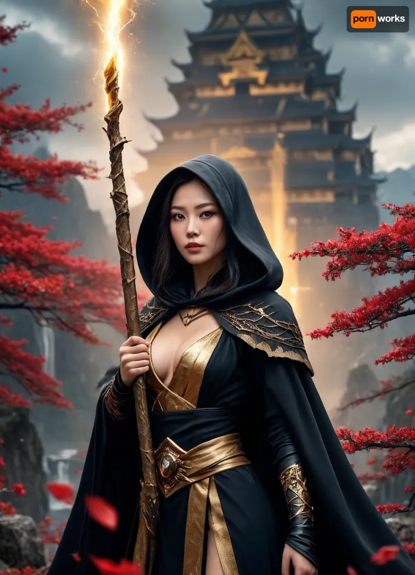 An ancient Japanese witch, (pretty face:1.5), (realistic face:1.5), (hood and cloak), exposed breasts, exposed pussy, fit body, epic fantasy, cinematic shot, dynamic lighting, (holds a black and gold staff topped with a lightening gem by one hand:1.2), towering castles and jagged mountains under a dramatic sky filled with swirling clouds, red petals and sparks float through the air, <lora:Midjourney Image Enhancer XL v1:.8>