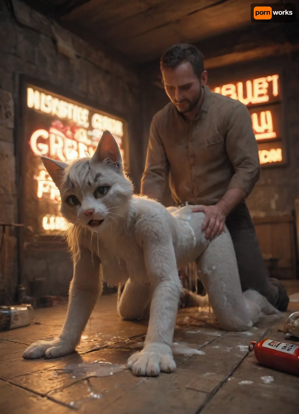 woman, ((female cat getting fucked by a human man)), gray fur, ((the room is dimly lit with a neon sign that reads "Goon Cave")), There are bottles of lubricant on the floor all around along with used tissues, ((covered in cum)), ((cum covered)), (bukkake), 8k, uhd, insanely detailed, masterpiece, cumhair, cumfacial55, cumshot, cumfacial, facial, gameroomconcept, mssstyle, fursuit, doggystyle, from, behind, human, on, anthro, feral, <lora:FursuitXL:.7>, <lora:SDXL_Human_Male_Furry_Female:1>