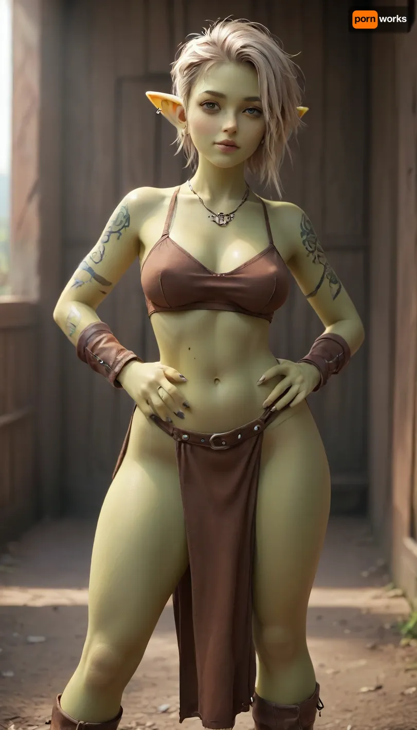A female goblin, 25 years old, with typical goblin features, high cheekbones, sharp features, long elven ears, a long, hooked nose, yellow eyes with a black vertical pupil, (green skin:1.4), numerous tattoos and war paint. She has a dense build, medium-sized breasts, medium-sized buttocks, and wide hips. She wears necklaces of bones and colored stones, (and leather bracers. She wears a leopard skin loincloth:1.3), a wide leather belt with metal rivets, and a metal pauldron with a strap on her left shoulder., undercut, mohawk, shaved, curvaceous, goblin, girl, Gobla, mega, ponytail, big, hair, <lora:Gobla:2>, <lora:xl_mega_ponytail-1.0:2>