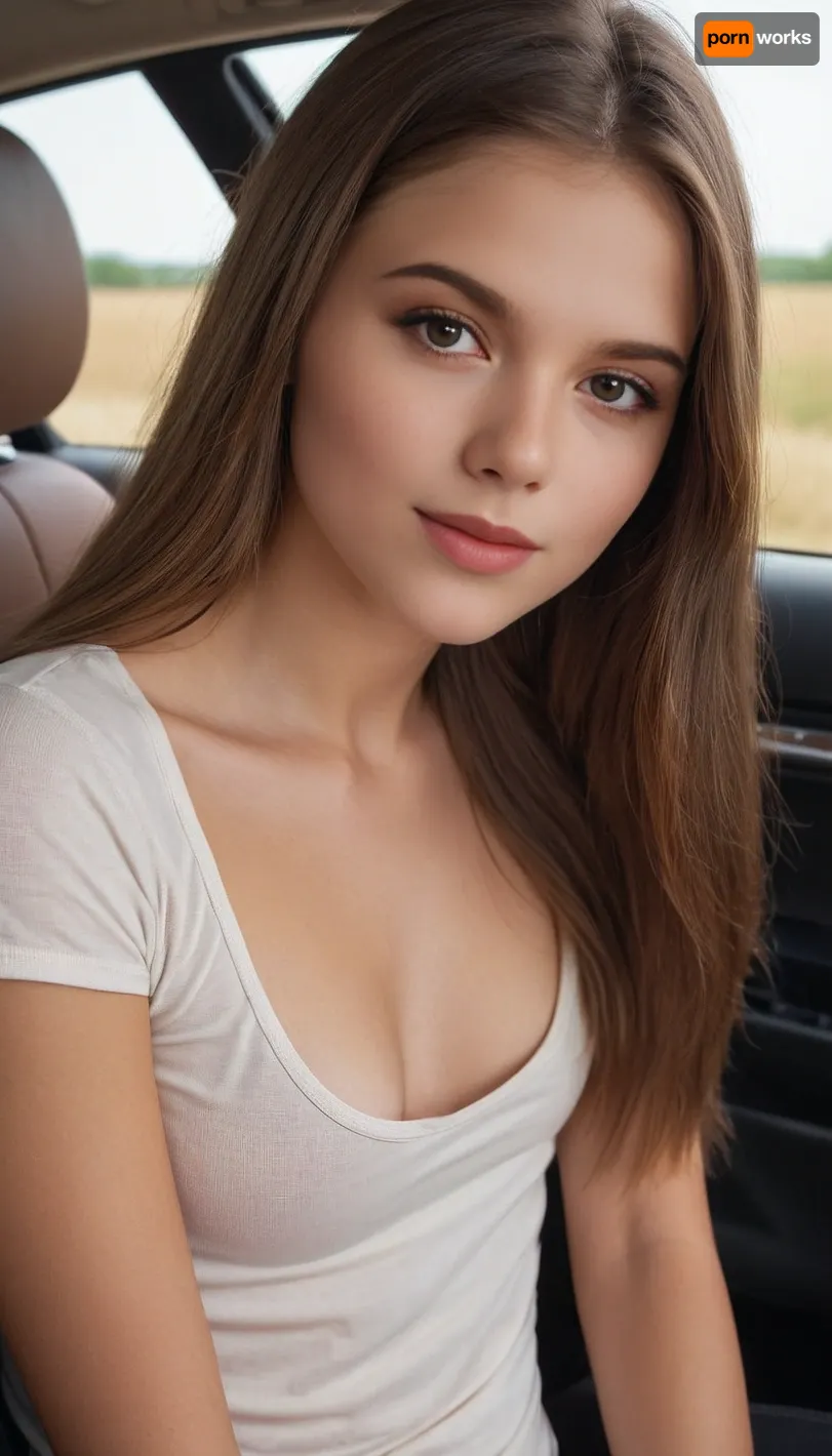 (natural beauty:1.33), beautiful 18 year old woman, gorgeous youthful features, beautiful, cute, sweet, endearing, charming, realistic detailed eyes, realistic detailed face, realistic detailed skin, stunning brown eyes, fresh face, shy, flirty smile, vivid colors, gentle seduction, pale, tiny breasts, perfect small breasts, narrow waist, slim athletic body, (long brown hair), (straight hair), sitting in car, flashing breasts, shirt pull, 3d view, masterpiece, high detail, ultimate realism, photorealistic