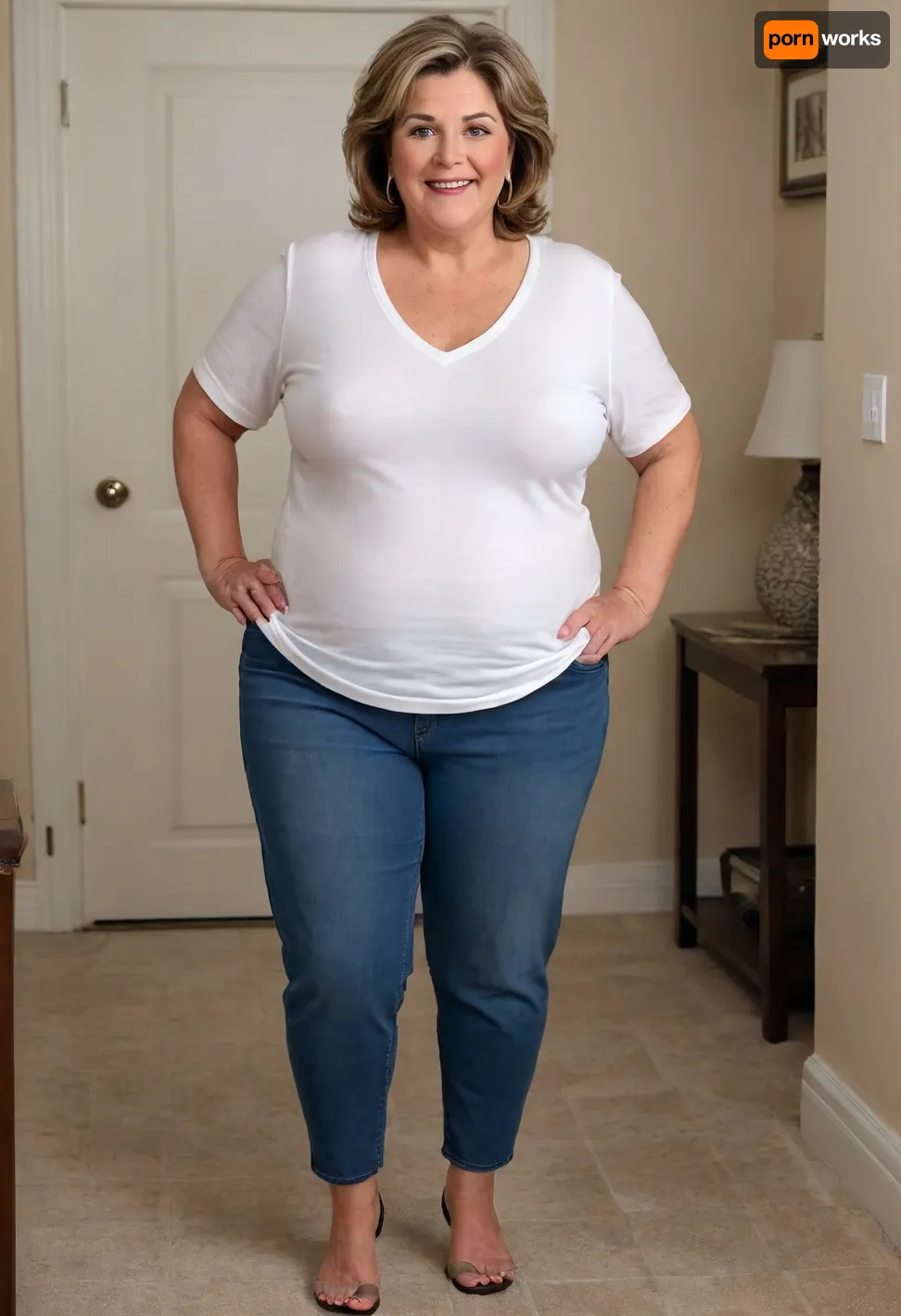 60 year old mature obese GILF, walking, (small, not tall), wide hips, thick, thighs, plump, light brunette hair with highlights, medium length hair, chubby round face, strong nose, big smile, unexpected camera, captivating eyes, eye contact with the viewer, (capturing full body, surprised expression), hoop earrings, best quality, photorealism, masterpiece, tight highwaist pants, lowcut v-neck white t-shirt tucked in, sagging, FUPA, big ass, milf, braless, covered hard nipples