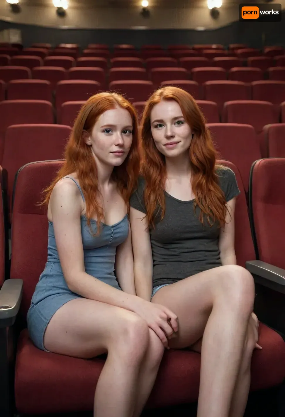 (full Body), Mom-Daughter, Mom 50 long haid, Daughter cute petite red hair freckles 20 years old, Theater, (Mom sitting on mans hard cock), .