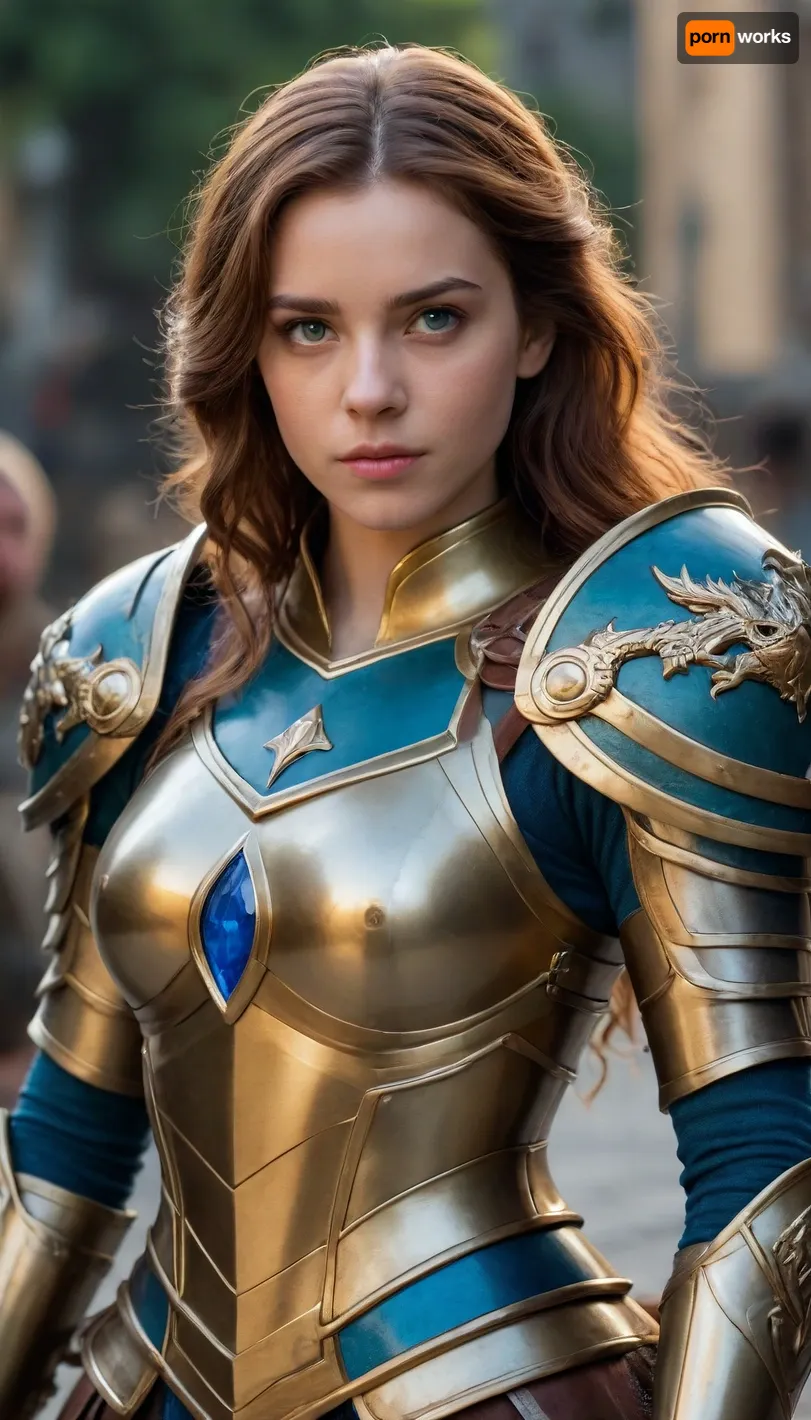 A girl in golden armor, in her right hand a beautiful sword framed by a sapphire handle, her hair is loose, the color of her hair is brown, in the middle of the armor there is a blue-green rhombus, in her left hand she is holding a shield, a shield made of beautiful silver metal, in the middle of the shield there is a dragon symbol. The girl is incredibly beautiful like a knight.