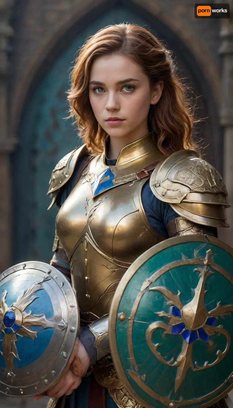 A girl in golden armor, in her right hand a beautiful sword framed by a sapphire handle, her hair is loose, the color of her hair is brown, in the middle of the armor there is a blue-green rhombus, in her left hand she is holding a shield, a shield made of beautiful silver metal, in the middle of the shield there is a dragon symbol. The girl is incredibly beautiful like a knight.