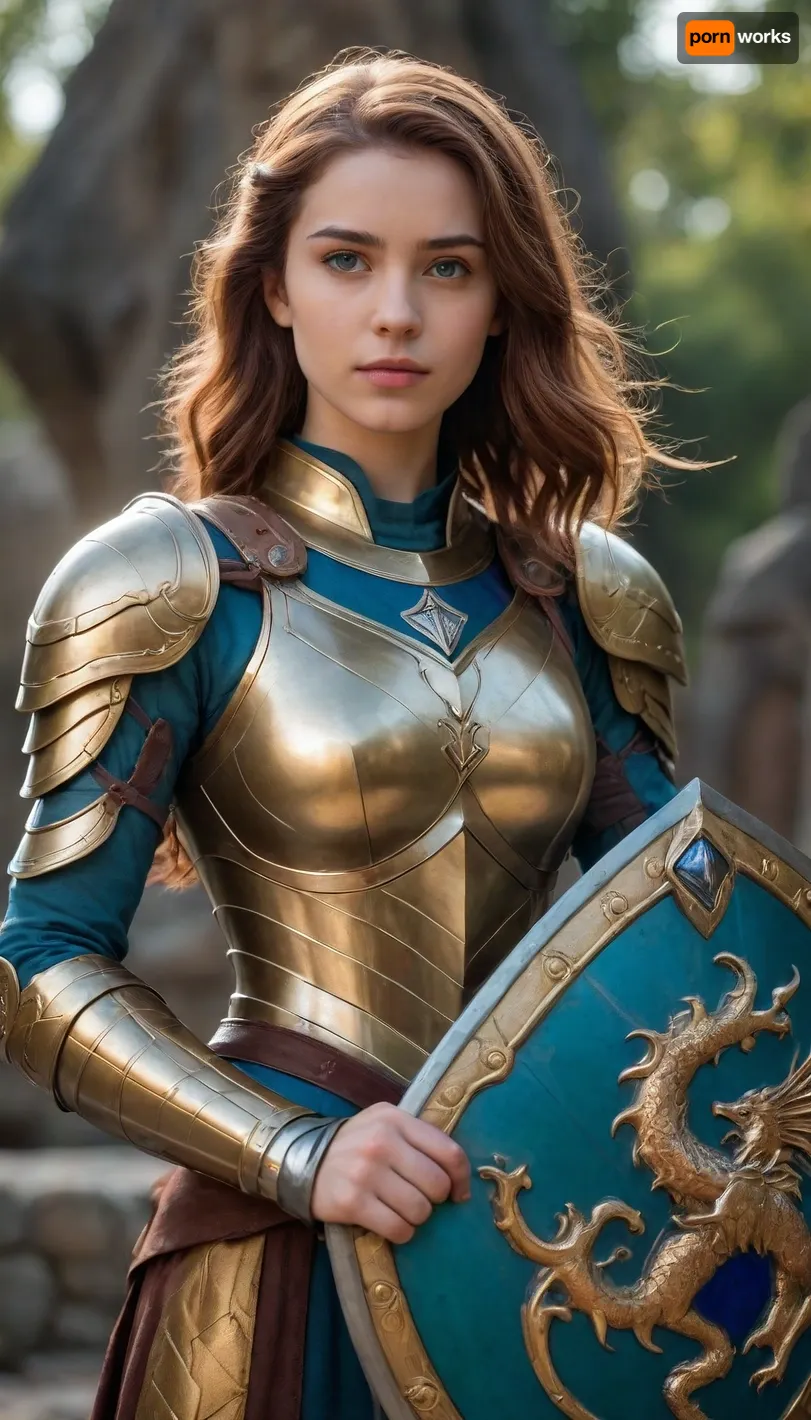 A girl in golden armor, in her right hand a beautiful sword framed by a sapphire handle, her hair is loose, the color of her hair is brown, in the middle of the armor there is a blue-green rhombus, in her left hand she is holding a shield, a shield made of beautiful silver metal, in the middle of the shield there is a dragon symbol. The girl is incredibly beautiful like a knight.