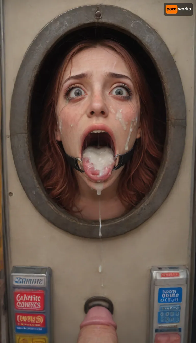 (40 years adult), (caucasian androgynes 28 yo femboy, male chest, flat chested, no breasts, small flaccide penis, red hair, medium hair, straight hair), (woman is stuck with her hips in a round hole with metal rim in a vending machine), (her bust is protruding from a round hole in the front of the vending machine:1.5), (stuck in hole with metal rim:1.3), (vending machine at night, slot for payment), (wide mouth spreader ring gag, gaping mouth:1.5), (leaning forward), (embarrassed, ashamed), (pleading expression:1.2), (terrified:1.6), (crying:1.2), (fear and panic:1.2), (box is low mounted, close to floor), (score_9, score_8_up, score_7_up, UHD 8K, masterpiece, best quality, maximum details, natural light, extreme realism, cinematic still), (huge penis:1.4), (she stares at erect penis in front of her face:1.3), (POV from above, she is looking up to viewer, submissive), (POV man standing and looking down, man stroking his big dick:1.1), (arms restrained to wall), (her arms left and right flat against the wall, multiple iron rings fixing her stretched arms against the wall:1.5), (POV standing man, looking down on her:1.2), (mouth wide open), (tan lines), (iron rings restrain her arms to vending machine), (her arms are spread eagle against vending machine:1.8), (arms restrained with iron rings:1.8), (free-standing vending machine), (her face is covered in cum:1.6), (enormous cum in er mouth:1.12), (bukkake, facial:1.48), (crying:1.3), (freckles, skin impurities), (transparent liquid:1.2), (realistic cum), (wet face:1.2), (oily skin:1.5), (stuck in a round hole with metal rim:1.6), (eyes wide open in horror:1.8), (her mouth serves only one purpose), (she's got a new job, she's a public cum dumpster)