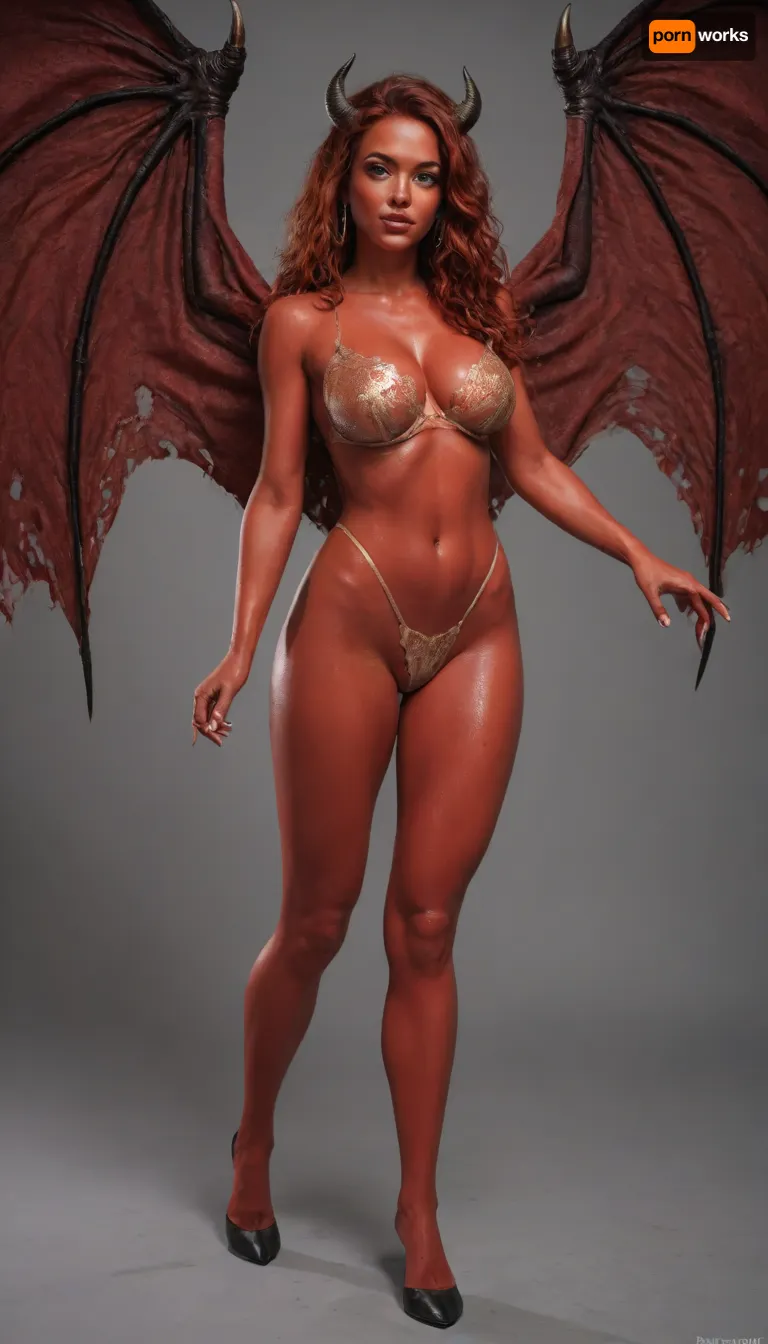 super sexy red anthro devil body, naked, Hooves, gigantic Torn wings, oiled body, red skin, very long red hair, incredibly sexy, cleavage, g string, lace, posing sexy