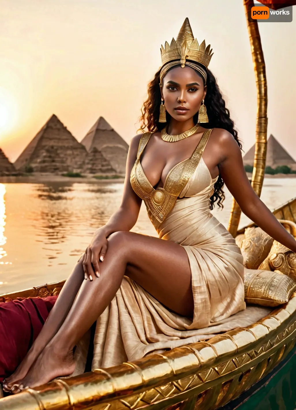 A fictional Nile queen reclining on a gilded lotus barge, diaphanous linen dress slipped to show hip and boobs and beautiful legs, heavy kohl, wide gold collar, servants pouring wine, papyrus reeds and pyramids at sunset, lush cinematic luxury.